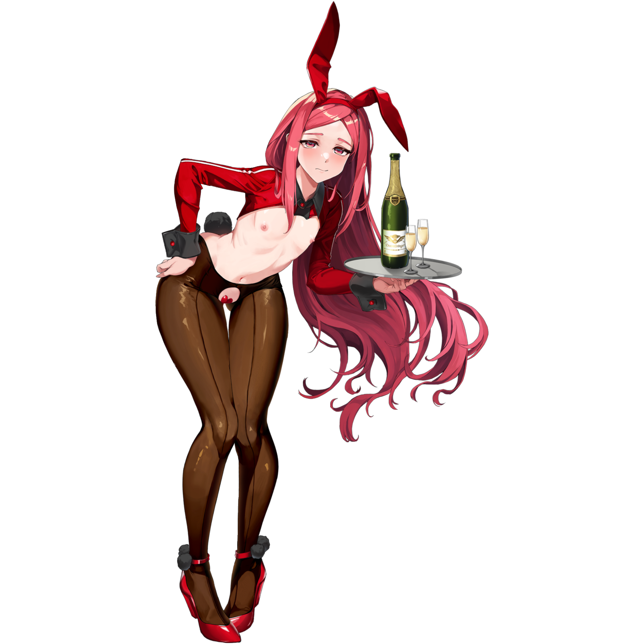 u-rix, night angel (last origin), last origin, highres, non-web source, official art, 1girl, animal ear hairband, animal ears, black collar, black wrist cuffs, blush, breasts, brown pantyhose, champagne bottle, champagne flute, closed mouth, clothing cutout, collar, crotch cutout, cup, drinking glass, english text, fake animal ears, fake tail, flat chest, full body, glass bottle, gluteal fold, hairband, hand on own hip, heart maebari, high heels, holding, holding tray, leaning forward, linea alba, long hair, looking at viewer, maebari, navel, nipples, official alternate costume, pantyhose, pigeon-toed, pom pom (clothes), rabbit tail, red eyes, red shoes, reverse bunnysuit, reverse outfit, ribs, shoes, sidelocks, simple background, solo, standing, tachi-e, tail, transparent background, tray, wrist cuffs