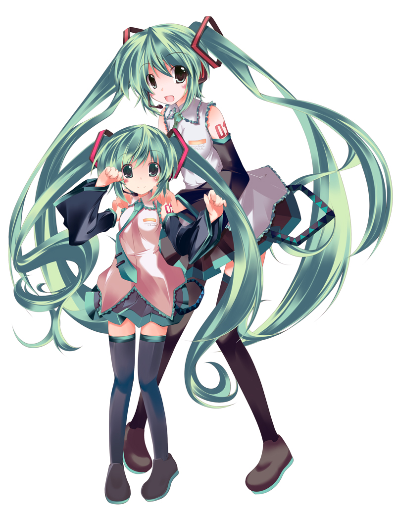 plus9, chibi miku, hatsune miku, vocaloid, bad id, bad pixiv id, aged down, detached sleeves, green eyes, green hair, headphones, headset, legs, long hair, necktie, skirt, thighhighs, twintails, very long hair, zettai ryouiki