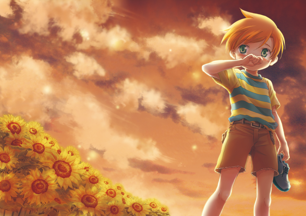 ichiyo (ichiyon), claus (mother 3), mother (series), mother 3, nintendo, commentary request, 1boy, belt, belt buckle, brown shorts, buckle, child, cloud, cloudy sky, dusk, dutch angle, feet out of frame, field, flower, flower field, green eyes, hand to own mouth, holding, male focus, orange hair, outdoors, shirt, shoes, short sleeves, shorts, sky, solo, striped clothes, striped shirt, sunflower, sunflower field, tears