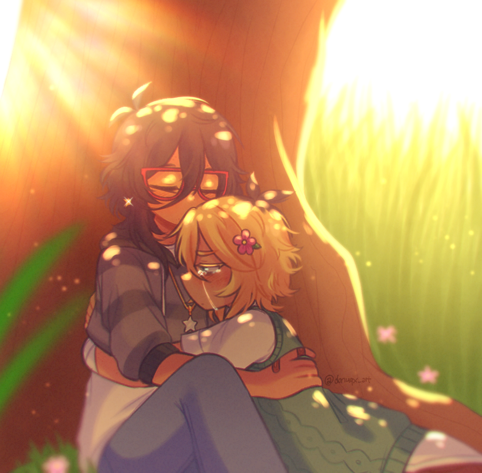 donuqx, basil (faraway) (omori), basil (omori), mincy (omori), omori, commentary, english commentary, 1boy, 1girl, alternate skin color, bandaid, bandaid on finger, bandaid on hand, black hair, blonde hair, blue eyes, blue pants, blurry, blurry background, closed eyes, closed mouth, collared shirt, crying, crying with eyes open, dark-skinned female, dark-skinned male, dark skin, denim, flower, green sweater vest, grey hoodie, hair flower, hair ornament, hood, hood down, hoodie, hug, jeans, jewelry, medium hair, multicolored hair, necklace, pants, roots (hair), shirt, short hair, short sleeves, sidelocks, sitting, star (symbol), star necklace, striped clothes, striped hoodie, sweater vest, tears, tree, tumblr username, white shirt