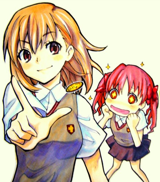 misaka mikoto, shirai kuroko, toaru kagaku no railgun, toaru majutsu no index, tagme, 00s, 2girls, female focus, multiple girls, school uniform, simple background