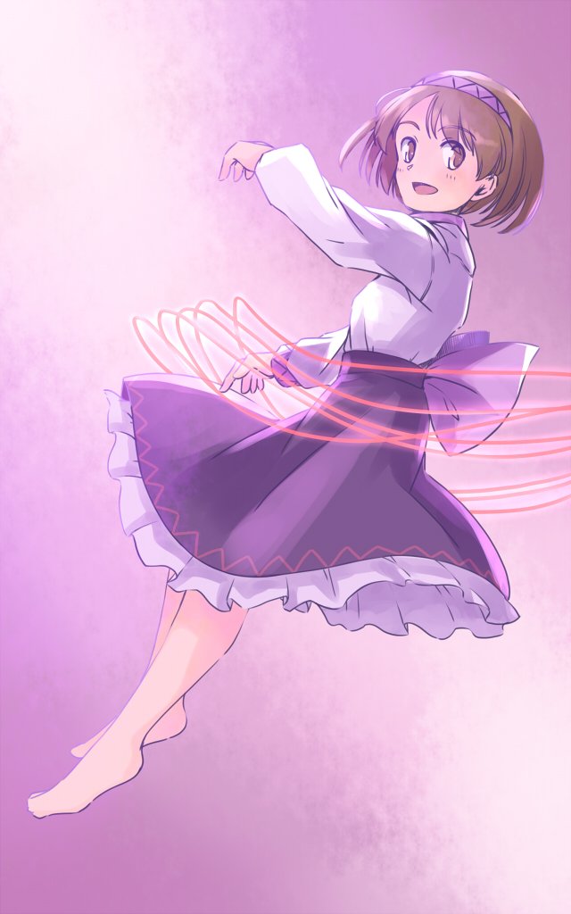 rangycrow, tsukumo yatsuhashi, touhou, commentary request, 1girl, :d, barefoot, black skirt, blush, brown eyes, brown hair, full body, hairband, hand up, long sleeves, one-hour drawing challenge, open mouth, petticoat, pink background, purple hairband, shirt, sideways glance, skirt, smile, solo, white shirt