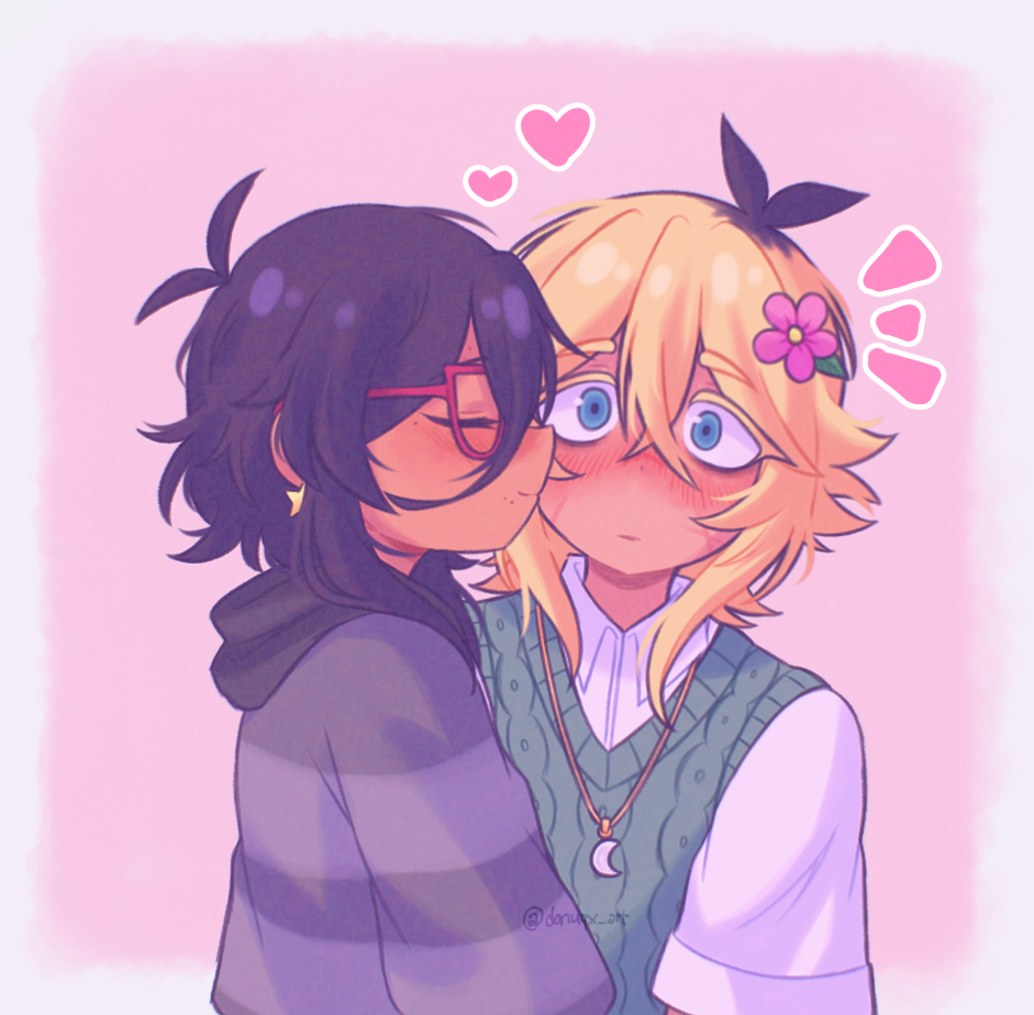 donuqx, basil (faraway) (omori), basil (omori), mincy (omori), omori, commentary, english commentary, 1boy, 1girl, alternate skin color, antenna hair, blush, closed eyes, closed mouth, collared shirt, crescent, crescent necklace, crossed bangs, dark-skinned female, dark-skinned male, dark skin, double-parted bangs, earrings, flower, glasses, green sweater vest, grey hoodie, hair between eyes, hair flower, hair ornament, heart, hetero, hood, hood down, hoodie, jewelry, kiss, kissing cheek, long sleeves, looking at viewer, multicolored hair, necklace, red-framed eyewear, roots (hair), shirt, short sleeves, sidelocks, smile, star (symbol), star earrings, striped clothes, striped hoodie, sweater vest, tumblr username, white shirt