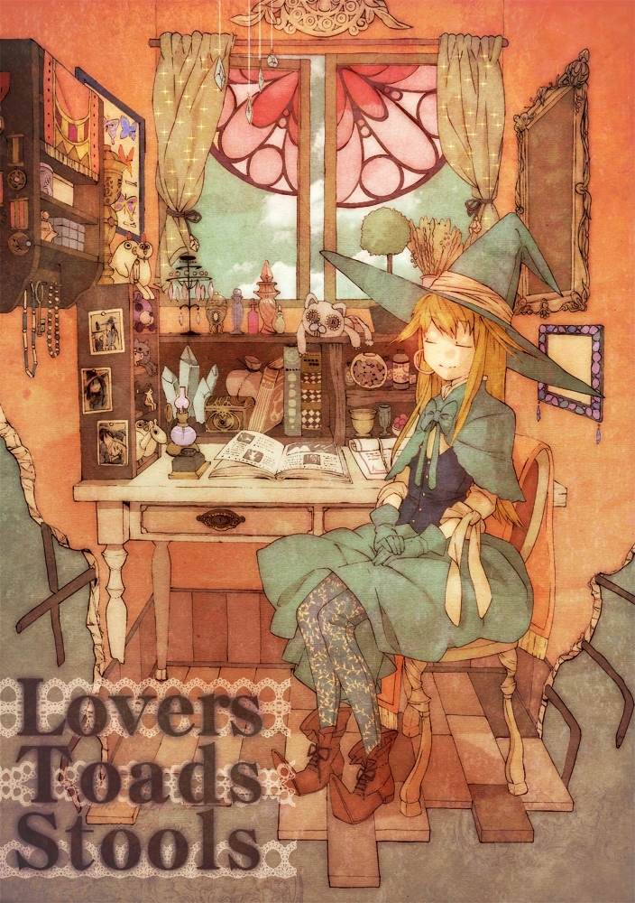 pointy footwear, tagme, book, bug, butterfly, cat, closed eyes, crystal, curtains, desk, dress, hat, insect, pantyhose, red hair, shoes, sitting, smile, stained glass, thighhighs, window, witch, witch hat