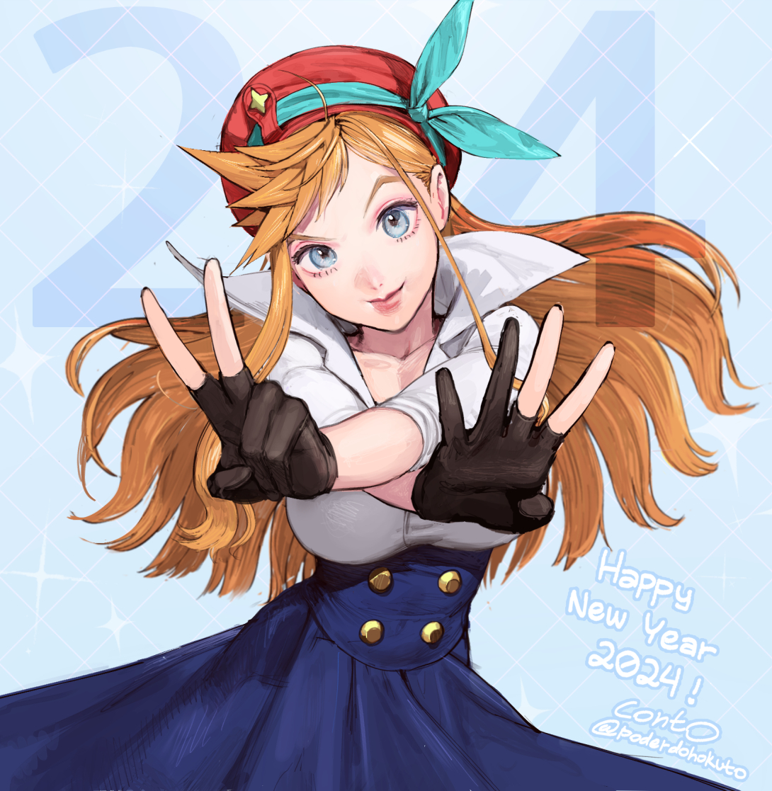 conto, commentary, english commentary, 1girl, 2024, asymmetrical bangs, blue eyes, blue skirt, breasts, brown gloves, buttons, cowboy shot, double-breasted, english text, finger counting, gloves, hands up, happy new year, hat, high-waist skirt, high collar, long hair, new year, orange hair, partially fingerless gloves, red hat, rubia (conto), running gun rubia, shirt, shirt tucked in, skirt, smile, solo, v-shaped eyebrows, white shirt