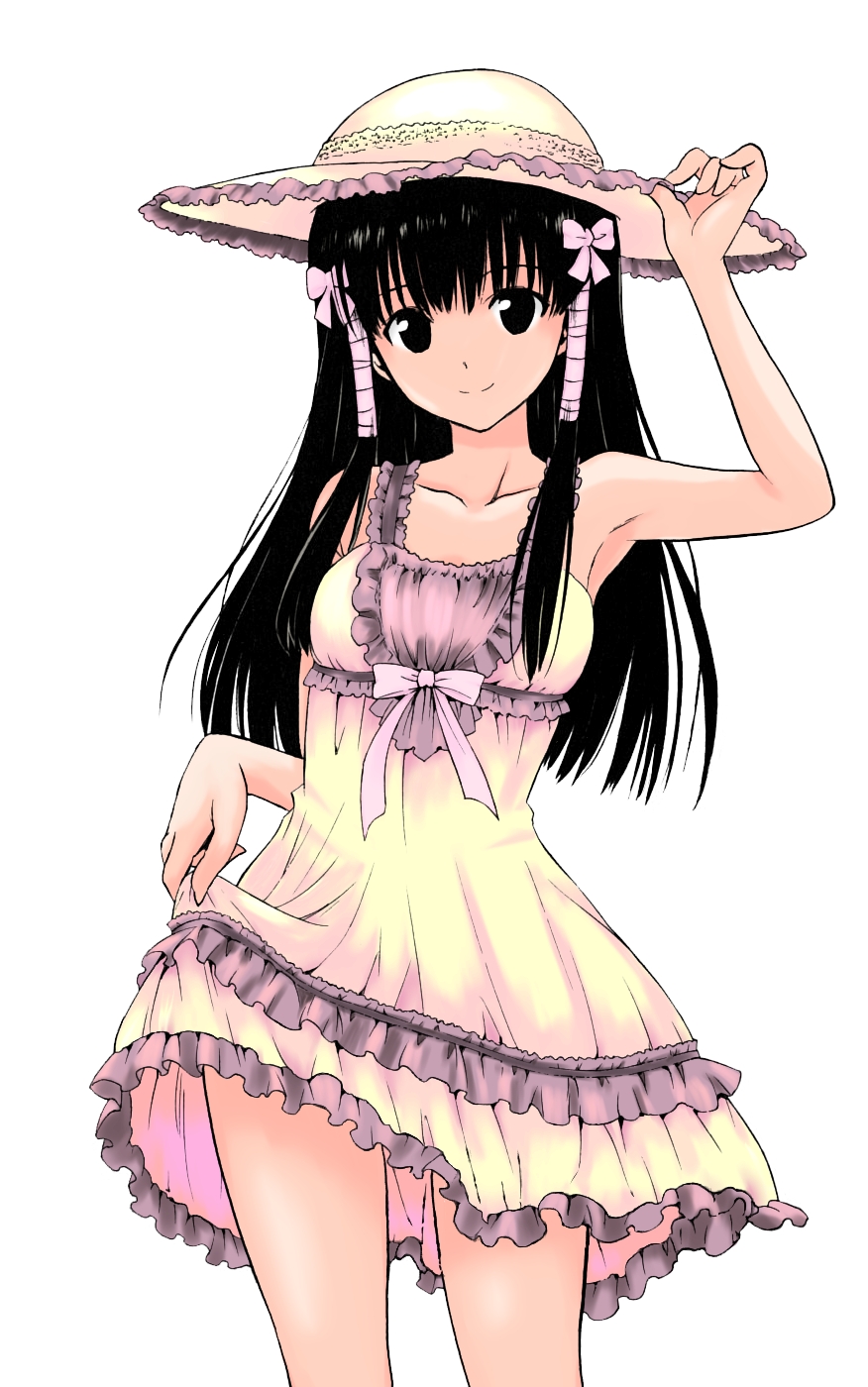 murasame oshizu, to love-ru, artist request, highres, 00s, 1girl, armpits, bare shoulders, black eyes, black hair, bow, clothes lift, dress, dress lift, female focus, frills, hair ornament, hat, long hair, simple background, smile, solo, sun hat, sundress, white background