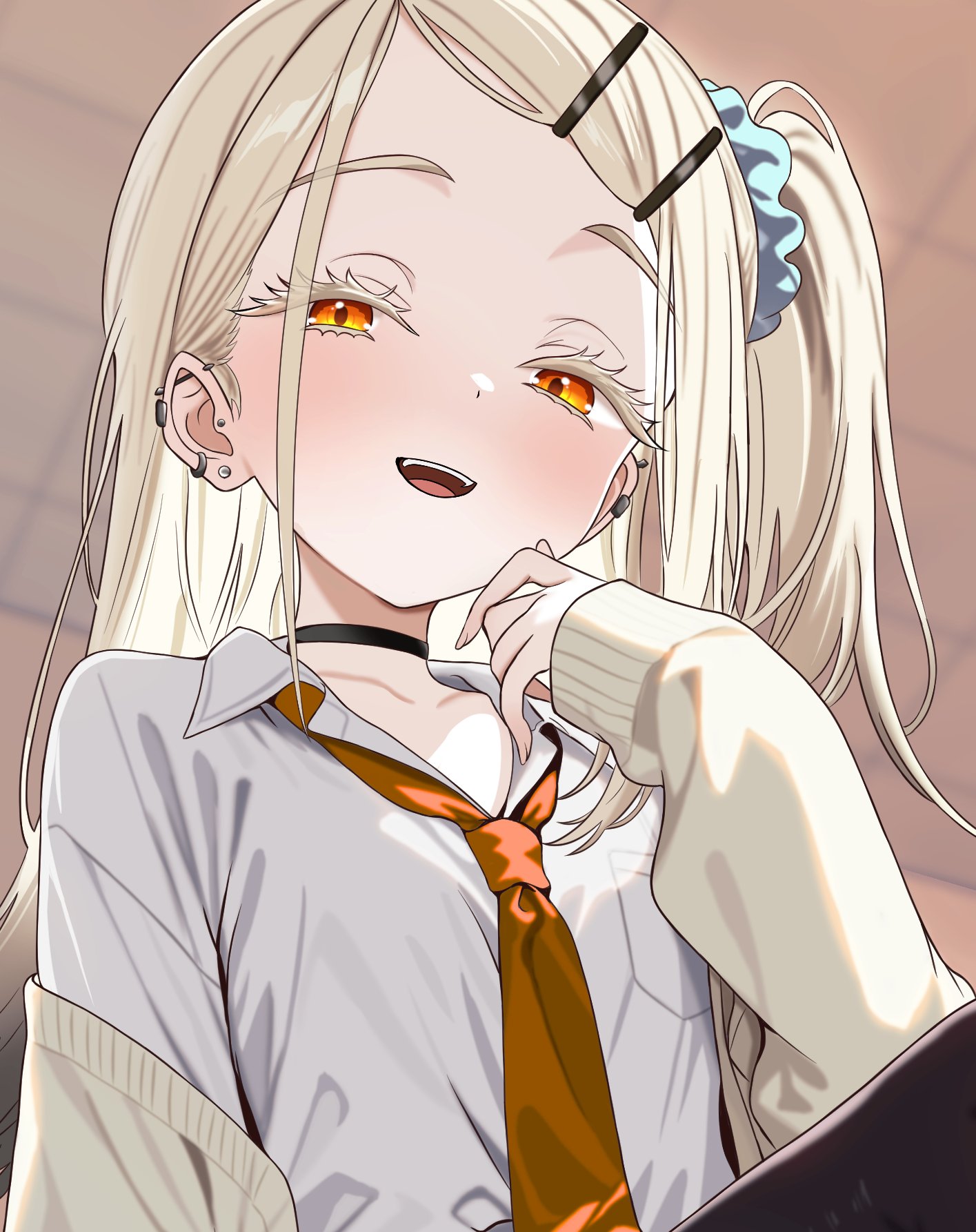 shubashuba, shinosawa hiro, gakuen idolmaster, idolmaster, commentary request, highres, 1girl, black choker, blonde hair, blue scrunchie, blurry, blurry background, blush, breast pocket, breasts, cardigan, choker, collared shirt, colored eyelashes, ear piercing, earrings, gradient hair, grey hair, gyaru, hair ornament, hair scrunchie, hairclip, hand to own mouth, indoors, jewelry, long hair, long sleeves, looking at viewer, loose necktie, multicolored hair, necktie, off shoulder, open collar, open mouth, orange eyes, orange necktie, parallel hairclips, piercing, pocket, scrunchie, shirt, side ponytail, small breasts, smile, solo, stud earrings, swept bangs, white shirt, yellow cardigan