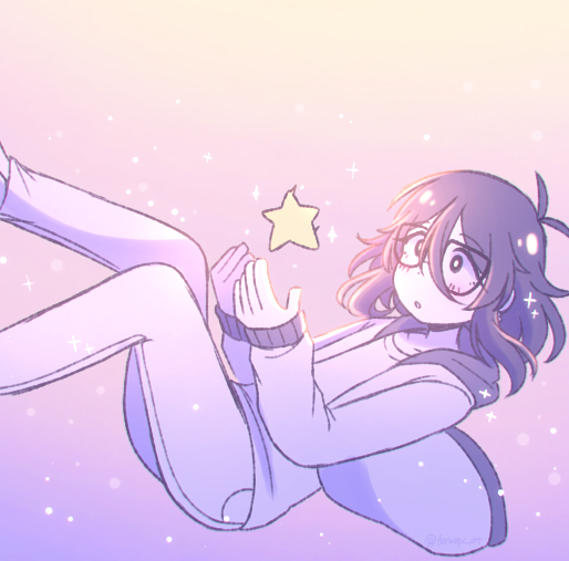 donuqx, mincy (omori), omori, commentary, english commentary, 1girl, antenna hair, blush, bright pupils, denim, gradient background, hood, hood down, hooded jacket, jacket, jeans, limited palette, long sleeves, medium hair, open clothes, open jacket, pants, parted lips, short hair, solo, star (symbol), two-tone background