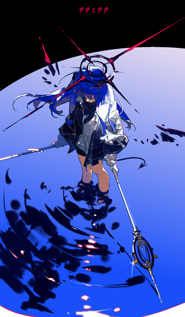 mostima (arknights), arknights, chinese commentary, commentary request, highres, 1girl, ai chi chunjuan fan, black halo, black jacket, blue background, blue hair, detached wings, dual wielding, from above, full body, glint, halo, holding, holding staff, holding weapon, horns, jacket, long hair, long sleeves, ripples, solo, staff, standing, wading, water, weapon, wings