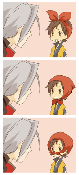 mochida, mochida (annie), angelo, hero (dq8), kukuru (dq8), dragon quest, dragon quest viii, square enix, bad id, bad pixiv id, 3koma, alternate hairstyle, bandana, brown hair, comic, silent comic