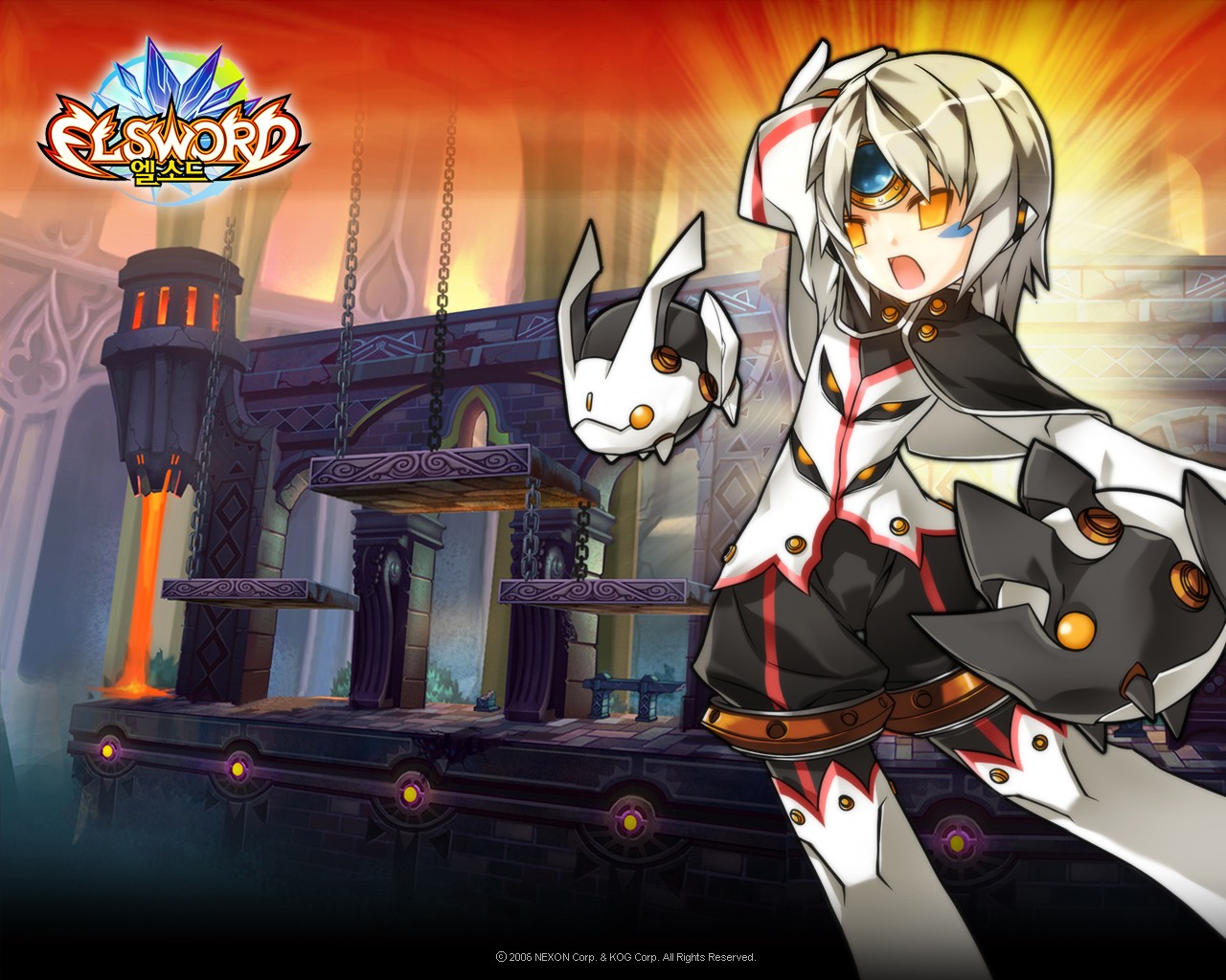 eve (elsword), elsword, silver hair, korean text, open mouth, short hair, yellow eyes