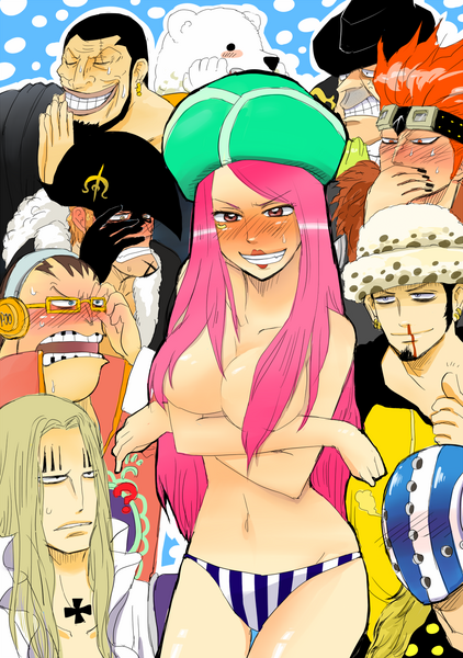 asdge23, basil hawkins, capone gang bege, eustass kid, jewelry bonney, killer (one piece), scratchmen apoo, trafalgar law, urouge, x drake, one piece, bepo, topless, resized, bikini bottom only, black hair, blonde hair, blush, breasts, censored, confused, convenient censoring, earrings, fedora, hair over breasts, hat, jewelry, large breasts, lipstick, makeup, pink hair, pixiv thumbnail, praying, red hair, sweat