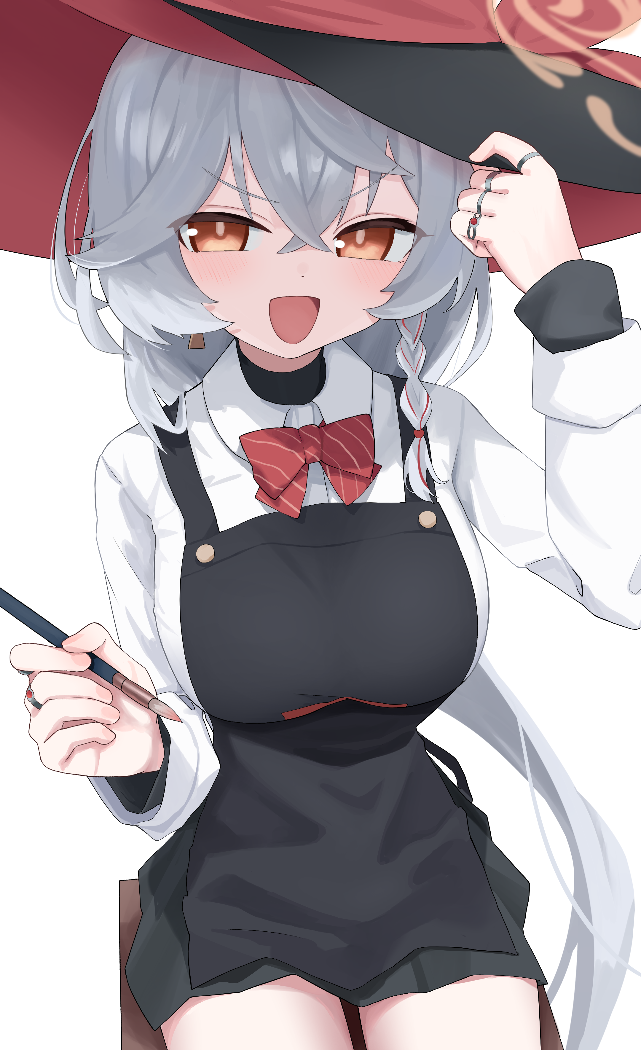 rihitonn, eri (blue archive), blue archive, absurdres, commentary request, highres, 1girl, apron, black apron, black skirt, blush, bow, breasts, collared shirt, diagonal-striped bow, diagonal-striped clothes, grey hair, hair between eyes, halo, hat, hat ribbon, holding, holding brush, jewelry, large breasts, long hair, long sleeves, looking at viewer, multiple rings, open mouth, orange eyes, orange halo, paintbrush, pleated skirt, red bow, ribbon, ring, shirt, simple background, sitting, skirt, smile, solo, striped bow, striped clothes, tilted halo, very long hair, white background, white shirt, witch hat
