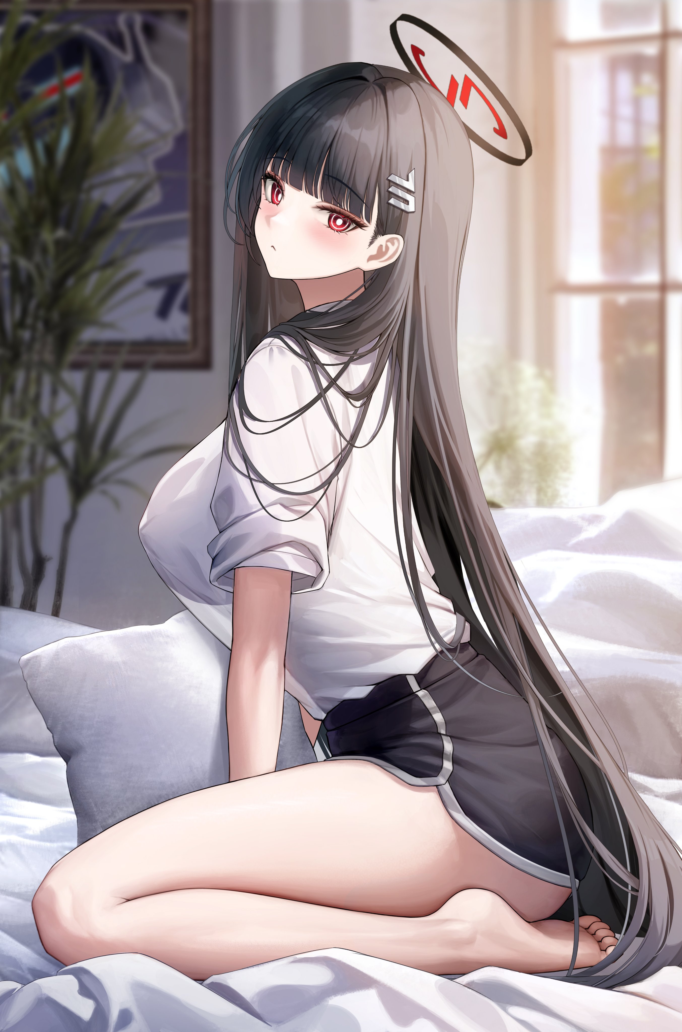 sab (sab2500), rio (blue archive), blue archive, absurdres, commentary, highres, 1girl, alternate costume, bare legs, bed sheet, black hair, black halo, black shorts, black skirt, blue bag, blush, breasts, bright pupils, closed mouth, covered erect nipples, dolphin shorts, from side, hair behind ear, hair ornament, hairclip, halo, indoors, large breasts, legs folded, long hair, long sleeves, looking at viewer, looking to the side, millennium science school logo, painting (object), picture frame, red eyes, see-through silhouette, shirt, short shorts, shorts, sitting, skirt, sleeves rolled up, solo, thighs, very long hair, wariza, white pupils, white shirt