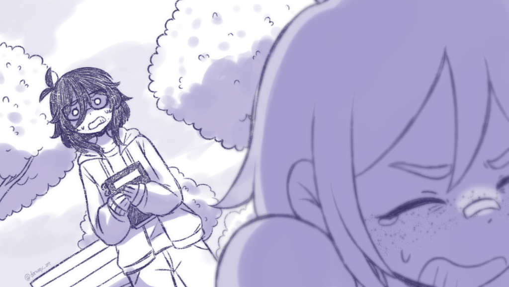 donuqx, kel (faraway) (omori), kel (omori), mincy (omori), omori, commentary, commentary request, english commentary, 1boy, 1girl, antenna hair, bandaid, bandaid on face, bandaid on nose, bench, blurry, blurry foreground, closed eyes, collarbone, double-parted bangs, freckles, glasses, hair between eyes, holding, holding sketchbook, hood, hooded jacket, jacket, long sleeves, looking at another, medium hair, o o, open clothes, open jacket, outdoors, pants, shirt, short hair, sketchbook, sweat, sweatdrop, t-shirt, tearing up, teeth, tree, tumblr username