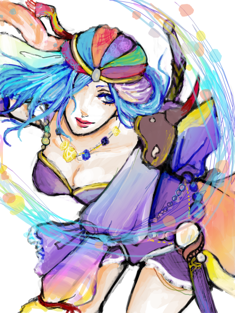 leila, final fantasy, final fantasy ii, 1980s (style), 1girl, bandana, blue eyes, blue hair, breasts, cleavage, female focus, hair over one eye, jewelry, k ta, long hair, matching hair/eyes, necklace, retro artstyle, shoulder pads, solo, white background