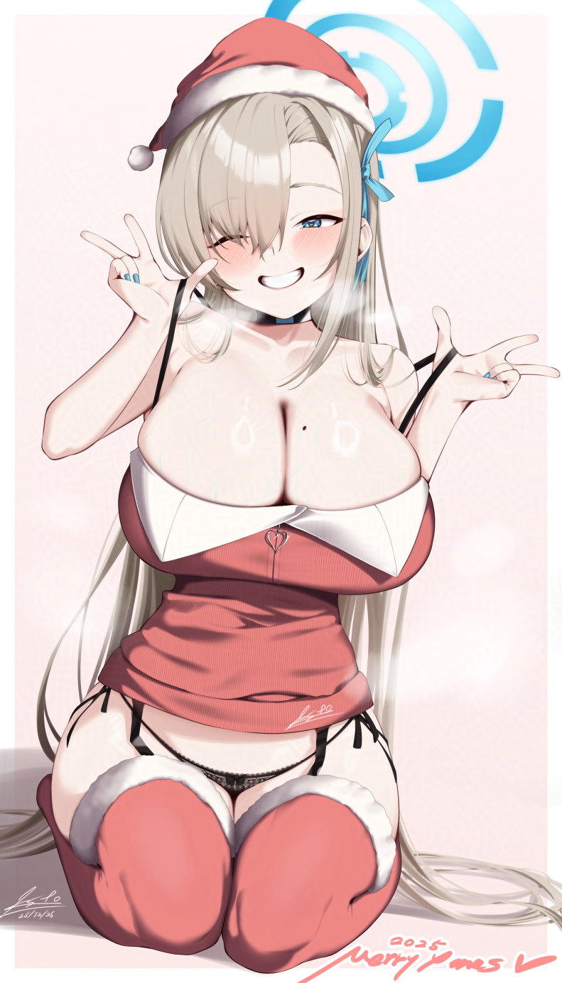 esto 0079, asuna (blue archive), blue archive, commentary, highres, 1girl, alternate costume, black choker, black panties, blue eyes, blue halo, blue nails, blue ribbon, breasts, brown hair, choker, christmas, cleavage, clenched teeth, collarbone, dated, fingernails, grin, hair ribbon, halo, hat, large breasts, long hair, looking at viewer, merry christmas, mole, mole on breast, nail polish, one eye closed, panties, pink background, red hat, red thighhighs, ribbon, santa hat, signature, sitting, smile, solo, teeth, thighhighs, underwear, very long hair, wariza