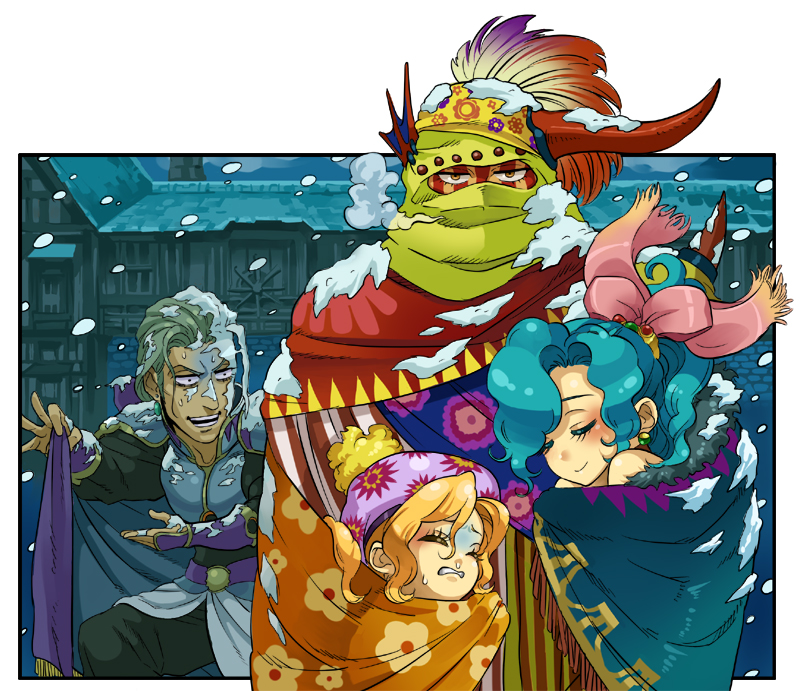 mimonel, edgar roni figaro, gogo, relm arrowny, tina branford, final fantasy, final fantasy vi, square enix, 1990s (style), 1boy, 3girls, armor, blonde hair, bow, breath, cape, cloak, closed eyes, cold, earrings, green hair, hat, horns, jewelry, long hair, multiple girls, outside border, pink bow, pink ribbon, ponytail, retro artstyle, ribbon, robe, single horn, smile, snow, yellow eyes