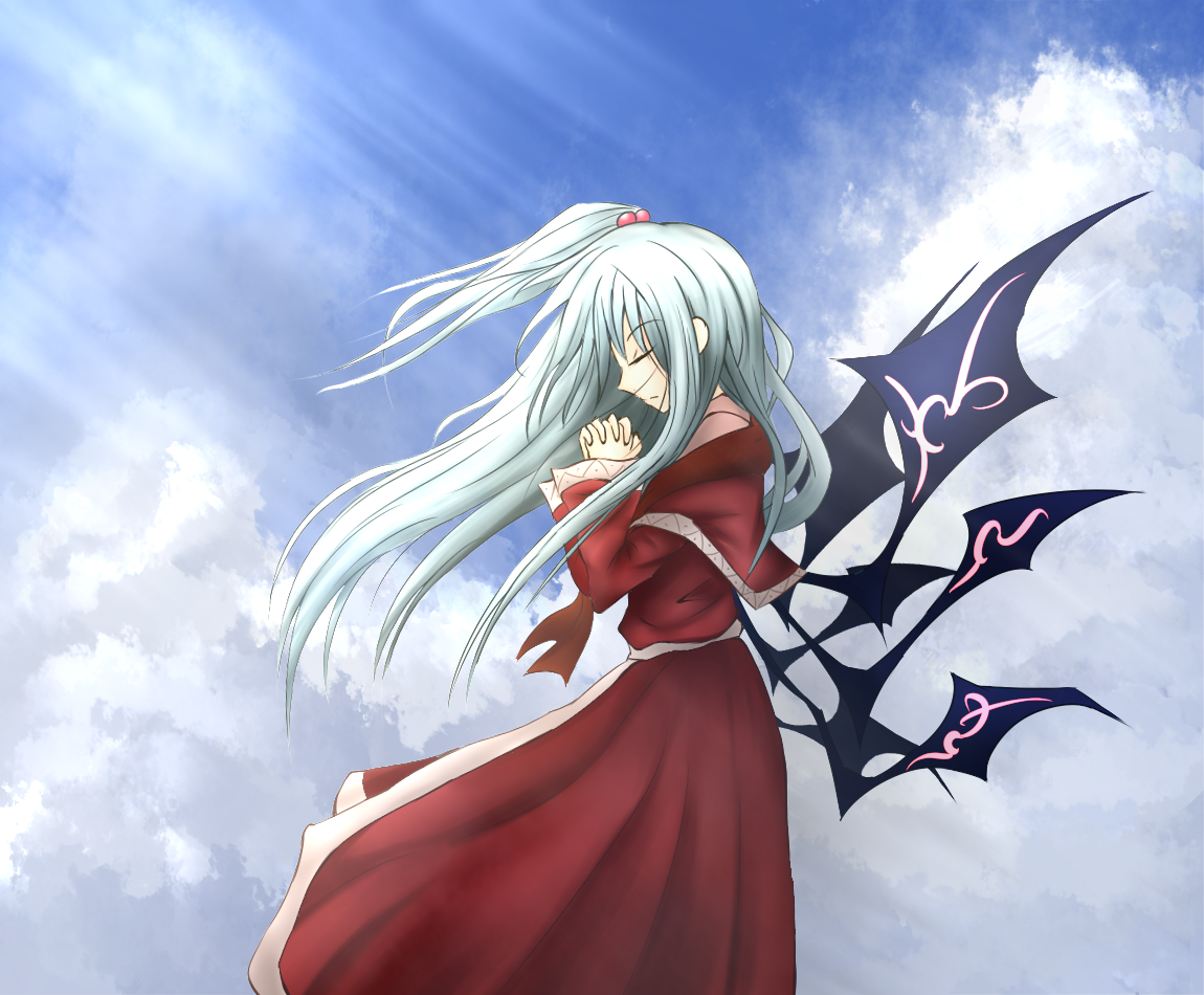 nosada, shinki (touhou), mystic square, touhou, touhou (pc-98), silver hair, 1girl, closed eyes, cloud, day, female focus, hair bobbles, hair ornament, long hair, own hands clasped, own hands together, praying, side ponytail, solo, wings