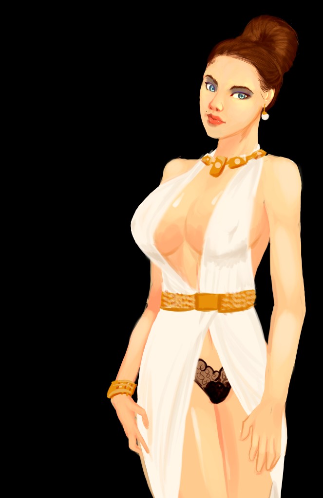 nesoun, excella gionne, capcom, resident evil, resident evil 5, self-upload, black background, blue eyes, brown hair, covered erect nipples, dress, earrings, jewelry, lace, lingerie, mole, panties, solo, underwear, white dress