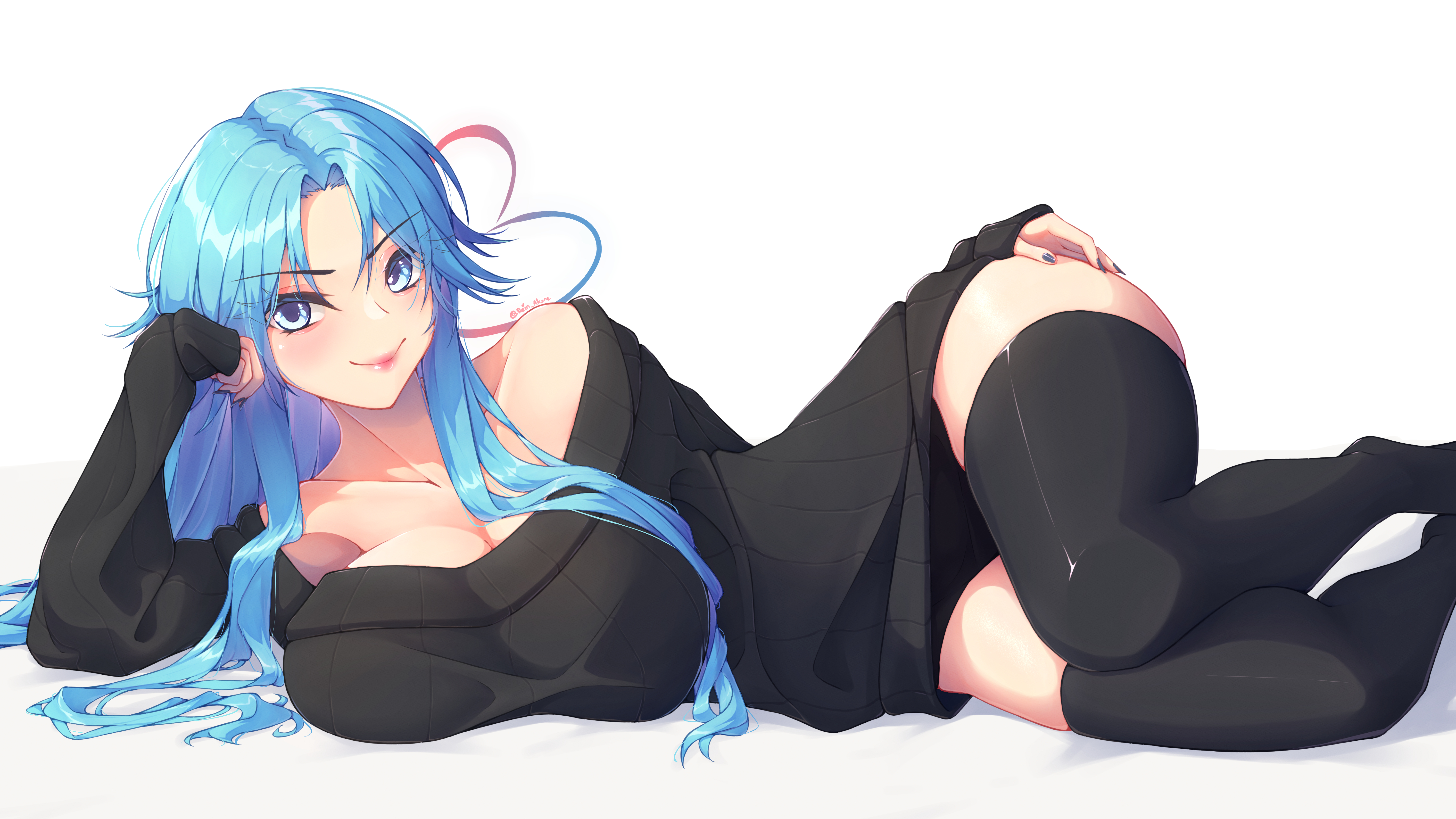 rein akane, sovetskaya belorussiya (azur lane), azur lane, absurdres, commentary, highres, 1girl, alternate costume, bare shoulders, black sweater, black thighhighs, blue eyes, blue hair, long hair, lying, on side, ribbed sweater, solo, sweater, thighhighs, very long hair
