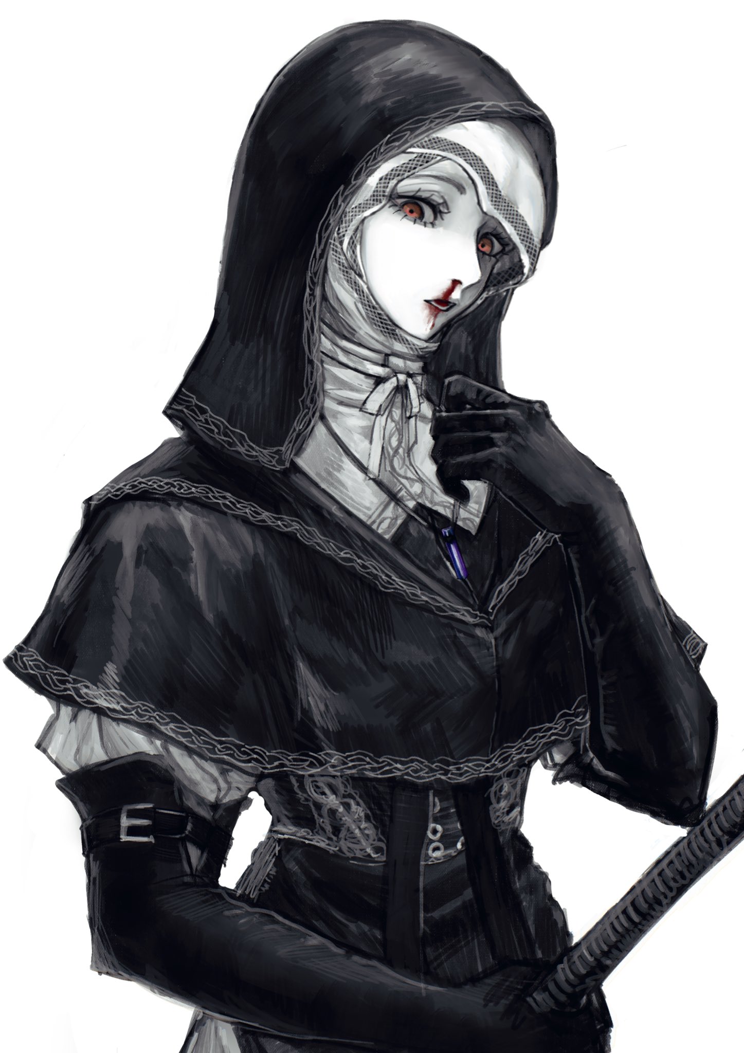 undertaker (elden ring), elden ring, elden ring nightreign, highres, 1girl, black capelet, black corset, black gloves, black hood, blood, blood in mouth, buckle, capelet, coif, corset, crystal, elbow gloves, gloves, hand up, holding, holding mace, holding weapon, jewelry, looking down, mace, necklace, nosebleed, nun, open mouth, pale skin, red eyes, rens0o, solo, upper body, weapon, white background