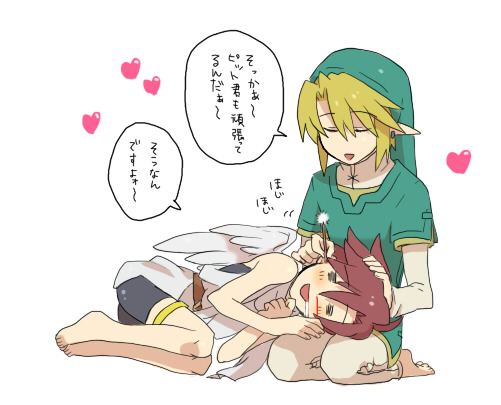 link, pit (kid icarus), kid icarus, nintendo, the legend of zelda, 2boys, = =, blonde hair, blood, blush, closed eyes, heart, male focus, multiple boys, nosebleed, piercing, pointy ears, saliva, shorts, wings, yaoi