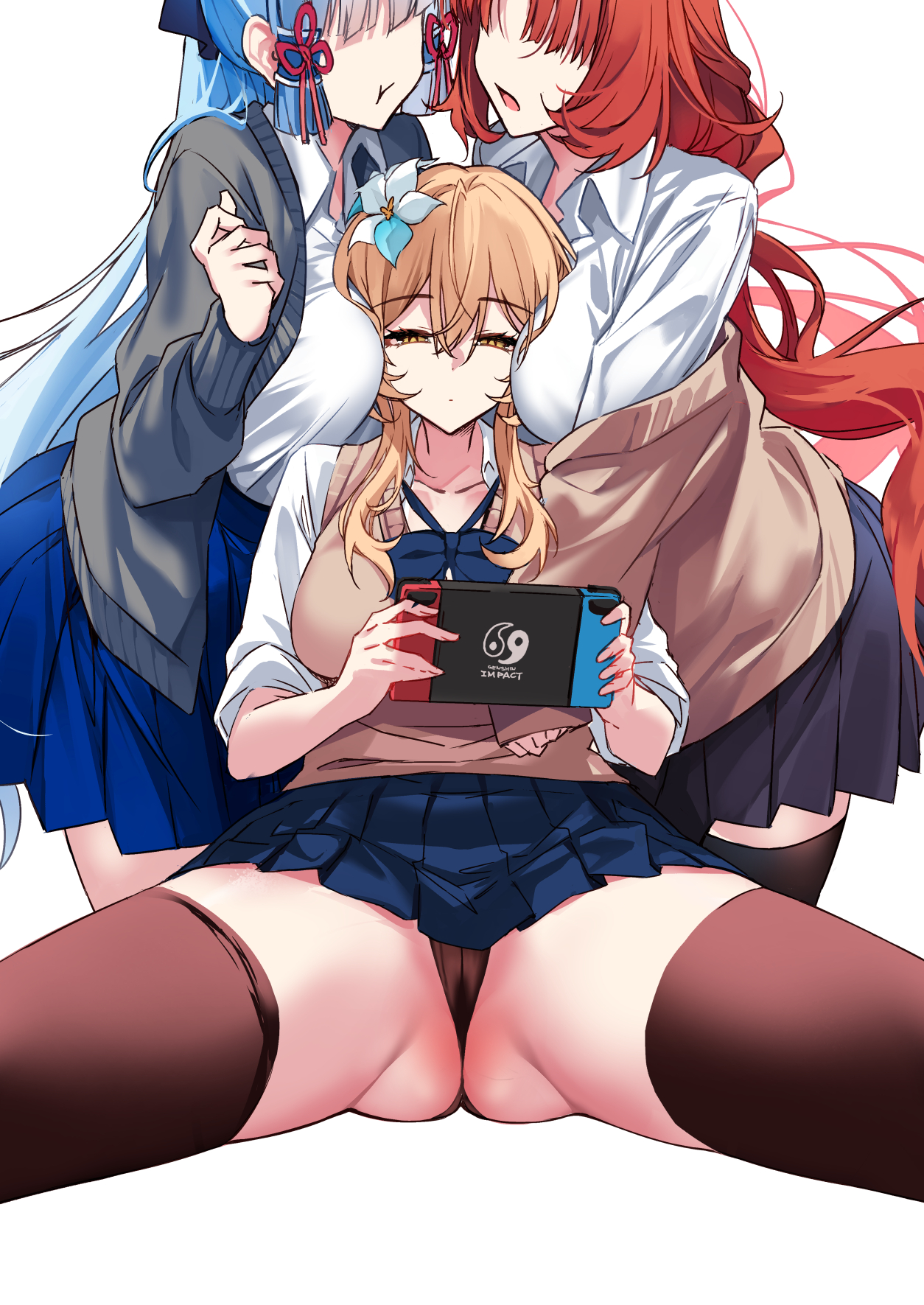 hirai yuzuki, ayaka (genshin impact), lumine (genshin impact), nilou (genshin impact), genshin impact, nintendo, commentary request, highres, 3girls, alternate costume, black cardigan, black panties, black thighhighs, blonde hair, blue bow, blue bowtie, blue hair, blue skirt, bow, bowtie, breasts, cardigan, collared shirt, faceless, faceless female, flower, girl sandwich, hair flower, hair ornament, handheld game console, holding, holding handheld game console, large breasts, multiple girls, nintendo switch, open cardigan, open clothes, panties, pleated skirt, ponytail, red hair, sandwiched, school uniform, shirt, sidelocks, simple background, sitting, skirt, thighhighs, underwear, white background, white shirt, yellow eyes, yuri