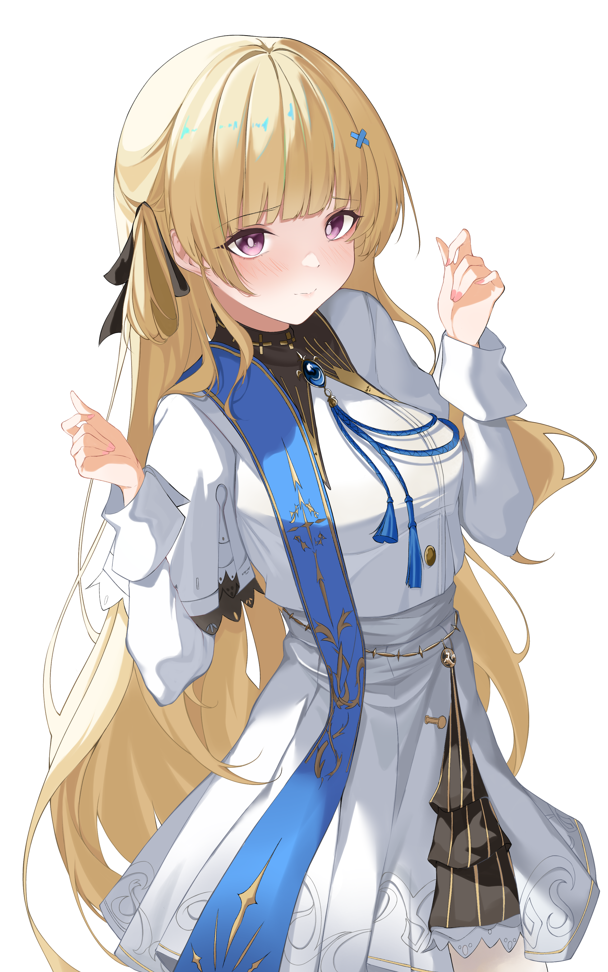 phoebe (wuthering waves), wuthering waves, absurdres, commentary, english commentary, highres, 1girl, black collar, black ribbon, blonde hair, blue sash, breasts, closed mouth, collar, cowboy shot, hair ornament, hair ribbon, hands up, light blush, long hair, looking at viewer, medium breasts, no gloves, no headwear, pink nails, purple eyes, ribbon, sash, shirt, sifffl, simple background, skirt, solo, white background, white shirt, white skirt, x hair ornament