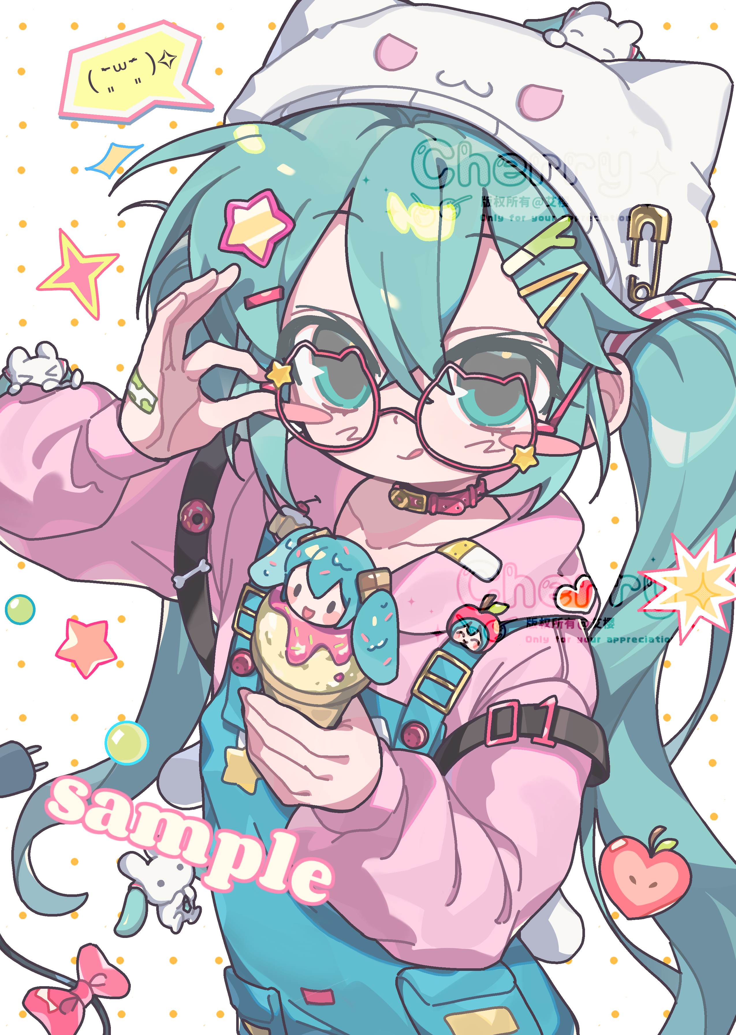 ai ying ying ying ying, hatsune miku, vocaloid, absurdres, chinese commentary, commentary request, highres, 1girl, :q, adjusting eyewear, alternate costume, animal ear headwear, animal ears, apple, bandaid, bandaid on clothes, bandaid on hand, beanie, belt collar, blue eyes, blue hair, blue overalls, blush stickers, bone ornament, bow, cat-shaped eyewear, cat ears, character-themed food, checkerboard cookie, closed mouth, collar, cookie, donut, electric plug, electric plug tail, emoticon, eyeliner, fake animal ears, food, food-themed hair ornament, food-themed ornament, fruit, glasses, hair between eyes, hair ornament, hairclip, hat, holding, holding food, holding ice cream, hood, hood down, hoodie, ice cream, kaomoji, long hair, long sleeves, looking at viewer, makeup, overalls, pink bow, pink collar, pink eyeliner, pink hoodie, polka dot, polka dot background, rabbit, safety pin, sample watermark, simple background, smile, solo, sparkle, speech bubble, spoken expression, spring onion, sprinkles, star (symbol), star hair ornament, star ornament, tail, tail bow, tail ornament, tongue, tongue out, twintails, upper body, very long hair, watermark, white background, white hat