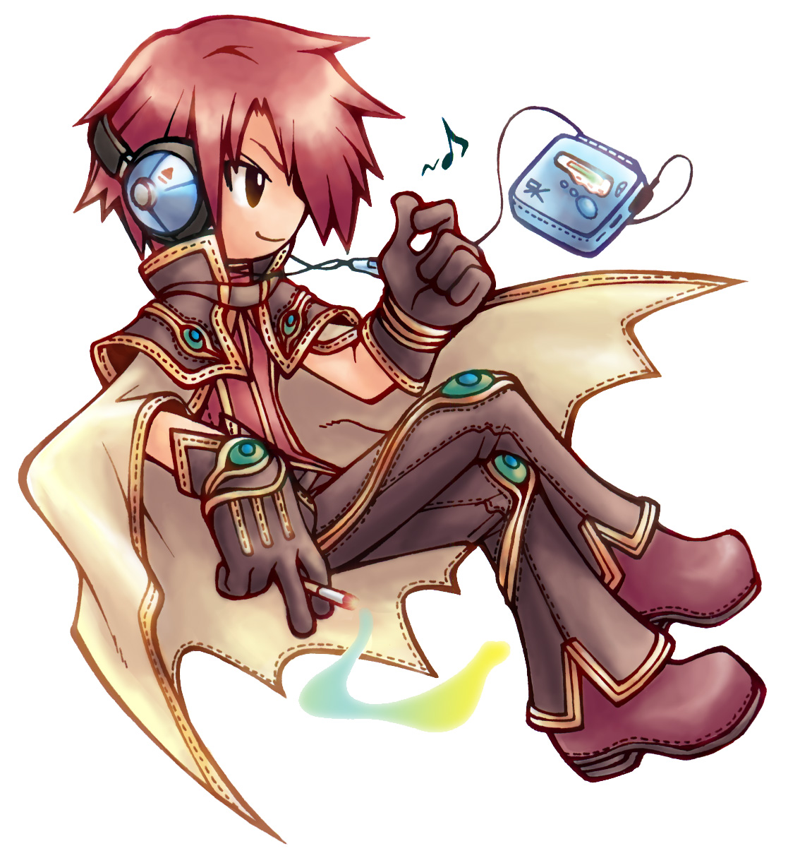 ragnarok online, highres, 1boy, blouse, brown shoes, cigarette, crossed legs, headphones, holding, holding cigarette, male focus, musical note, quaver, red hair, red shirt, shirt, shoes, simple background, sitting, sleeveless, sleeveless shirt, smoking, solo, white background, wizard