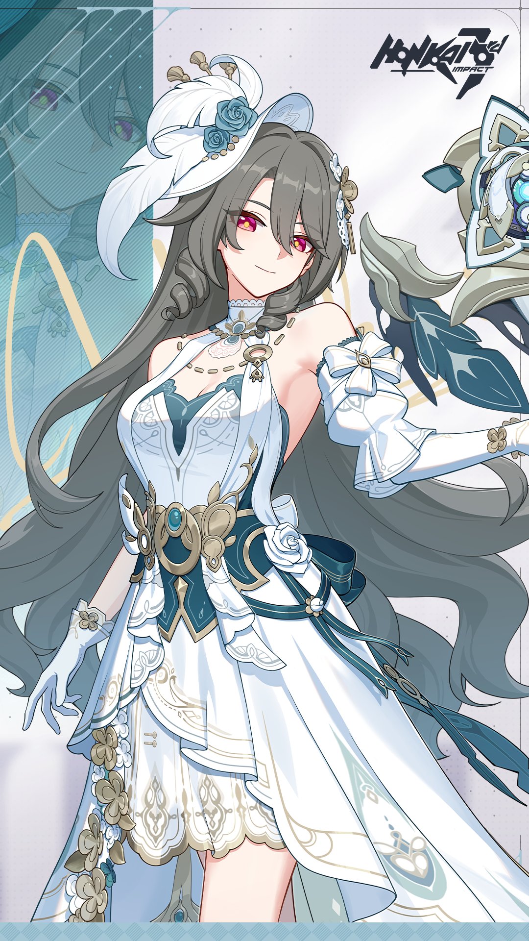 vita (honkai impact), honkai (series), honkai impact 3rd, commentary, english commentary, highres, official art, 1girl, bare shoulders, breasts, cleavage, detached sleeves, dress, grey hair, hat, large breasts, long hair, looking at viewer, official alternate costume, purple eyes, smile, solo, very long hair, vita (white velveteer) (honkai impact), white dress, white hat