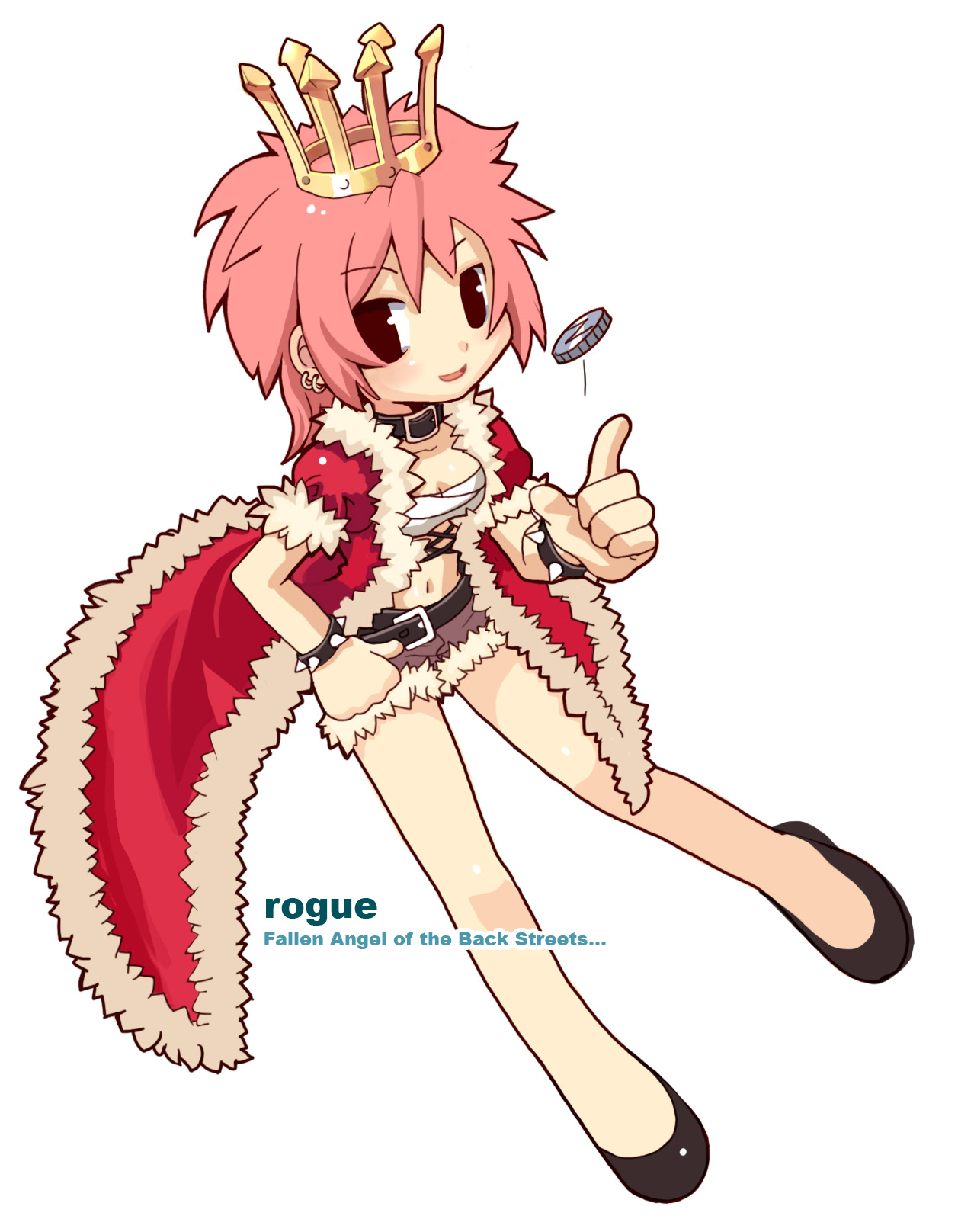 rogue (ragnarok online), ragnarok online, fur, highres, 1girl, bare legs, belt, black eyes, bracelet, character name, coin, coin flip, crown, cutoffs, earrings, english text, female focus, flats, floating, fur trim, jewelry, light smile, looking at viewer, navel, pink hair, puffy sleeves, sarashi, short hair, short shorts, shorts, simple background, solo, spiked bracelet, spikes, text focus, white background