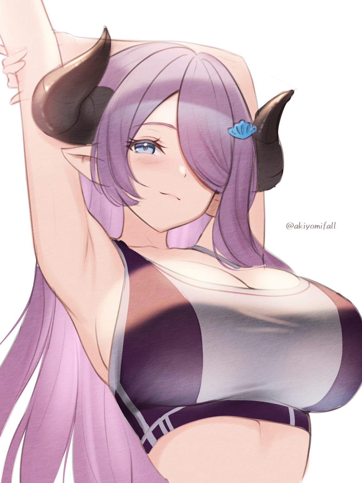 akiyomi, narmaya (granblue fantasy), granblue fantasy, commentary request, highres, 1girl, armpits, arms up, blue eyes, blush, breasts, cleavage, closed mouth, draph, hair ornament, hair over one eye, horns, large breasts, long hair, looking at viewer, pointy ears, purple hair, purple sports bra, simple background, smile, solo, sports bra, stretching, twitter username, two-tone sports bra, white background, white sports bra
