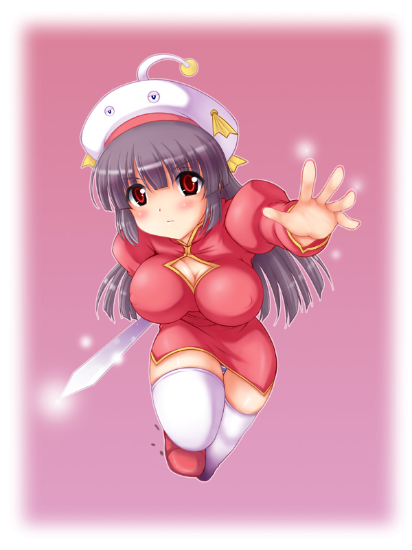 hinnosuke, 1girl, blunt bangs, blush, breasts, brown hair, china dress, chinese clothes, cleavage, covered erect nipples, dress, female focus, full body, gradient background, hat, hime cut, large breasts, long hair, panties, red eyes, simple background, solo, striped clothes, striped panties, sword, thighhighs, underwear, weapon, white thighhighs, zettai ryouiki