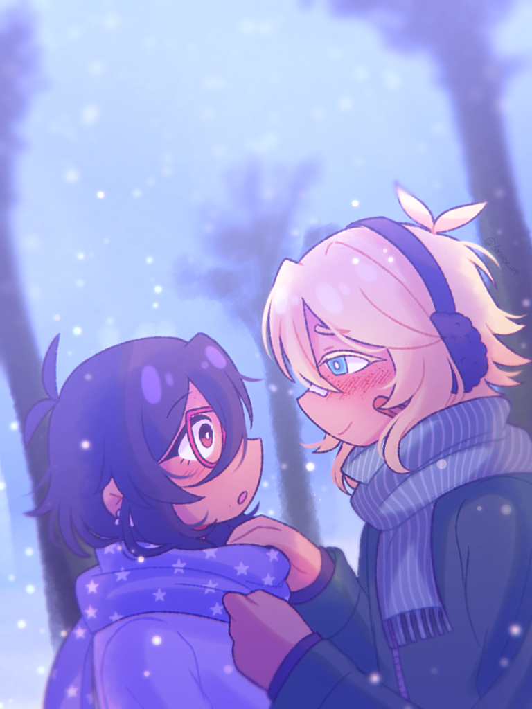 donuqx, basil (faraway) (omori), basil (omori), mincy (omori), omori, commentary, english commentary, 1boy, 1girl, adjusting another's clothes, alternate costume, alternate skin color, antenna hair, black hair, blonde hair, blue eyes, blue scarf, blurry, blurry background, blush, bright pupils, brown eyes, closed mouth, coat, dark-skinned female, dark-skinned male, dark skin, earrings, glasses, green coat, hair between eyes, jewelry, long sleeves, looking at another, medium hair, parted lips, purple coat, purple scarf, red-framed eyewear, scarf, short hair, sidelocks, smile, snowing, star (symbol), star print, striped clothes, striped scarf, vertical-striped clothes, vertical-striped scarf, white pupils, zipper