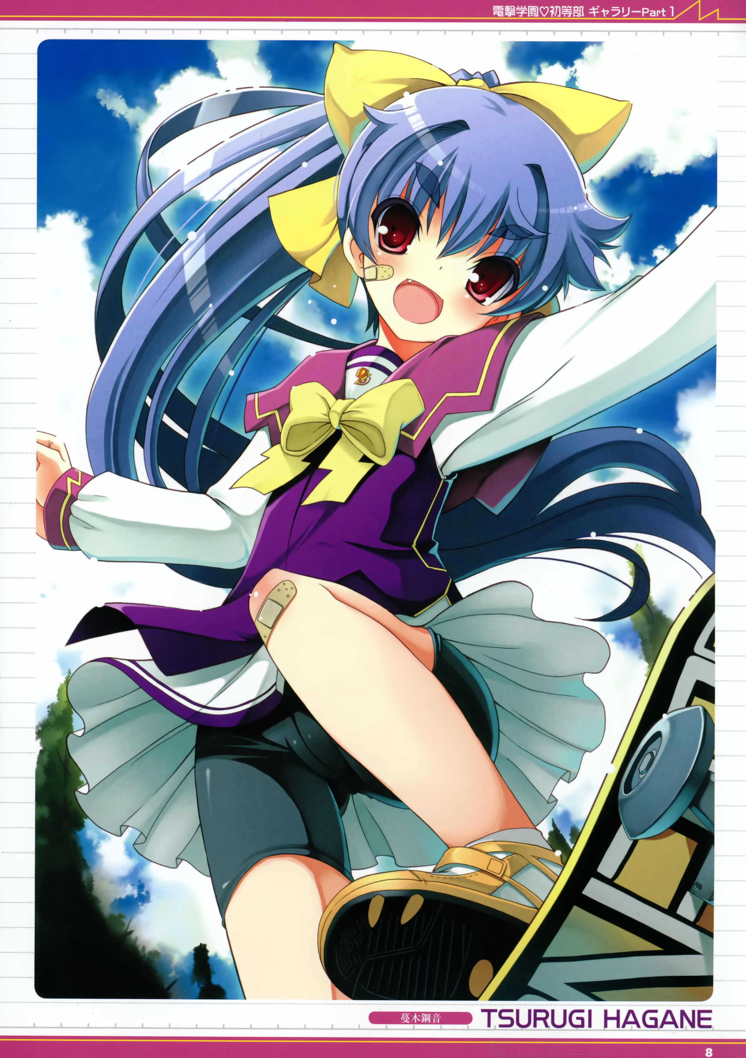 tsurugi hagane, absurdres, highres, 1girl, bandaid, bandaid on face, bandaid on knee, bandaid on leg, bike shorts, blue hair, blush, bow, cameltoe, fang, female focus, hair ribbon, long hair, open mouth, red eyes, ribbon, skateboard, skirt, solo, thick eyebrows, upskirt, yellow bow