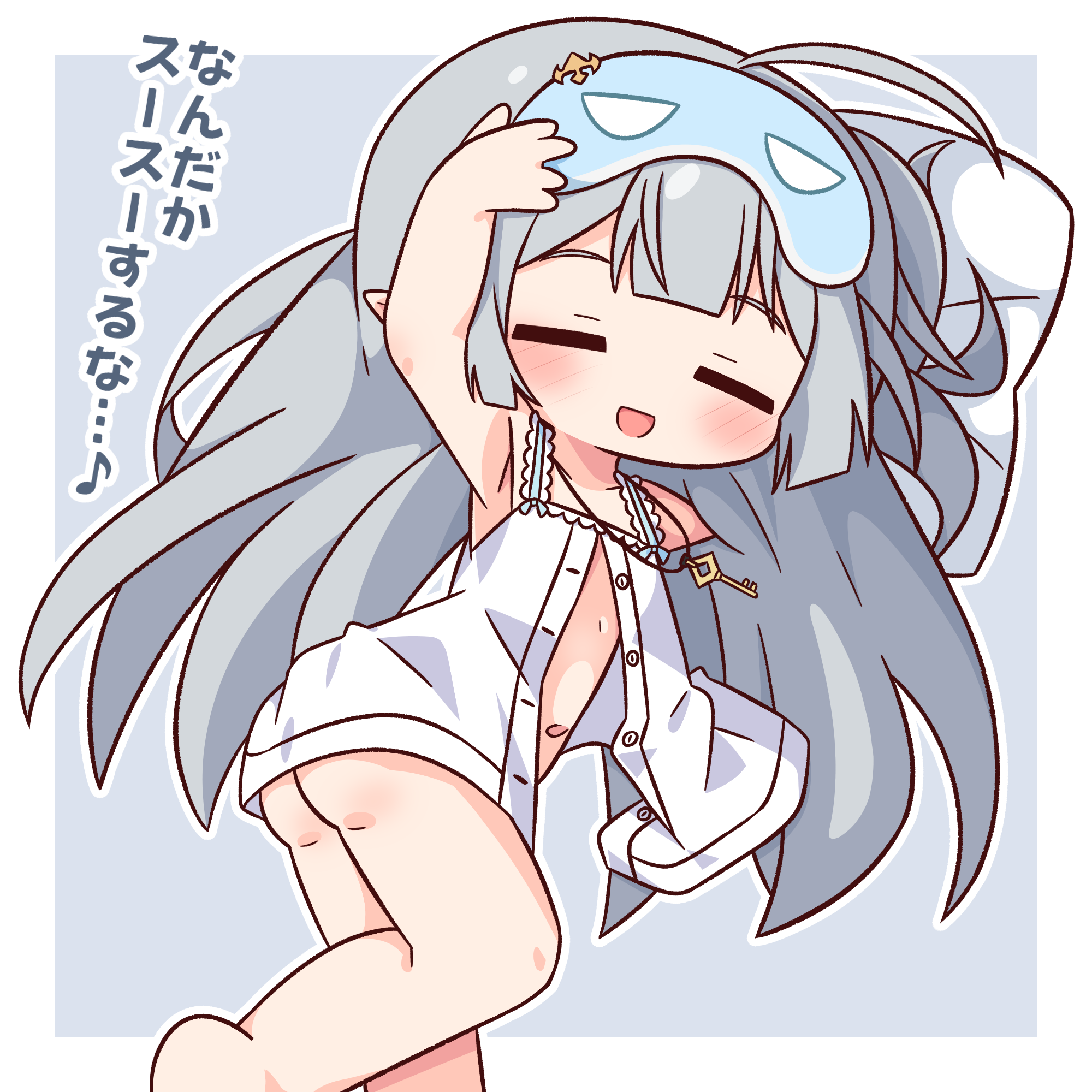 hana kazari, female tyrant (stella sora), tyrant (stella sora), stella sora, commentary request, highres, translation request, 1girl, :d, arm up, armpits, ass, bare shoulders, barefoot, blunt bangs, blush, border, bottomless, closed eyes, collarbone, feet out of frame, grey background, grey hair, jewelry, key, key necklace, long hair, necklace, open clothes, open mouth, open shirt, outline, outside border, shirt, simple background, sleep mask, sleeveless, sleeveless shirt, smile, solo, white border, white outline, white shirt