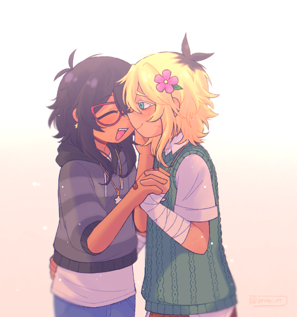 donuqx, basil (faraway) (omori), basil (omori), mincy (omori), omori, commentary, english commentary, 2girls, alternate skin color, antenna hair, bandaged arm, bandages, black hair, blonde hair, blue eyes, blue pants, blush, closed eyes, closed mouth, collared shirt, dark-skinned female, dark-skinned male, dark skin, denim, flower, freckles, genderswap, genderswap (mtf), glasses, gradient background, green sweater vest, grey hoodie, hair flower, hair ornament, hood, hood down, hoodie, jeans, jewelry, looking at viewer, medium hair, multicolored hair, multiple girls, necklace, open mouth, pants, red-framed eyewear, roots (hair), shirt, short hair, short sleeves, sidelocks, smile, star (symbol), star necklace, striped clothes, striped hoodie, sweater vest, teeth, tumblr username, upper teeth only, white shirt, yuri