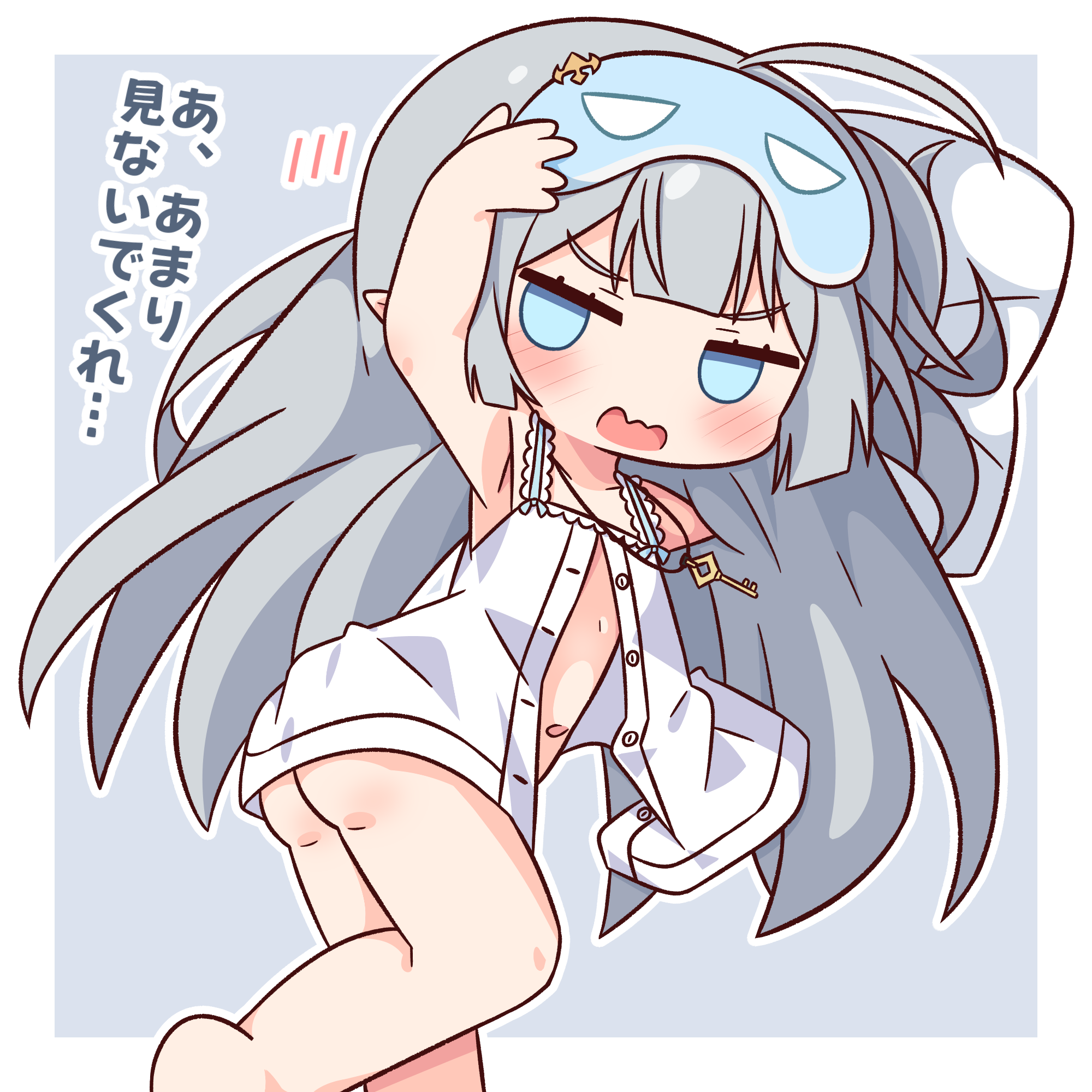 hana kazari, female tyrant (stella sora), tyrant (stella sora), stella sora, commentary request, highres, translation request, 1girl, arm up, armpits, ass, bare shoulders, barefoot, blue eyes, blunt bangs, blush, border, bottomless, collarbone, empty eyes, feet out of frame, grey background, grey hair, jewelry, jitome, key, key necklace, long hair, looking at viewer, necklace, open clothes, open mouth, open shirt, outline, outside border, shirt, simple background, sleep mask, sleeveless, sleeveless shirt, solo, wavy mouth, white border, white outline, white shirt