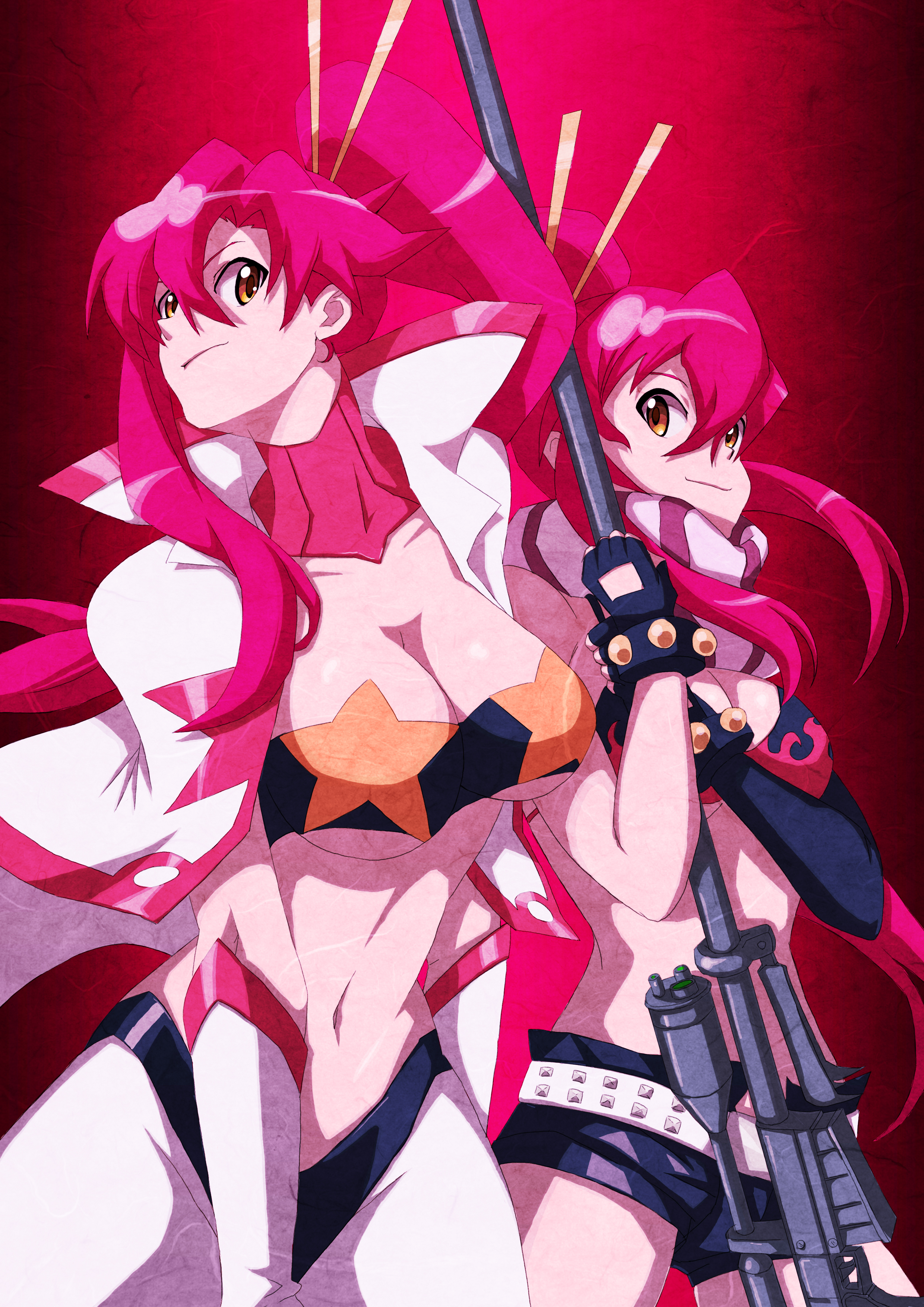 p p p s, space yoko, yoko littner, tengen toppa gurren lagann, absurdres, highres, 00s, 2girls, belt, breasts, cleavage, dual persona, large breasts, long hair, multiple girls, pink hair, ponytail, short shorts, shorts, studded belt, time paradox, yellow eyes