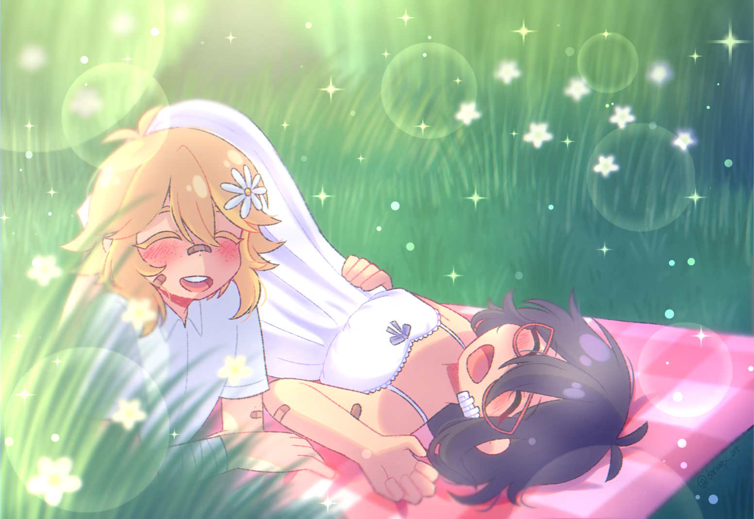 donuqx, basil (faraway) (omori), basil (omori), mincy (omori), omori, commentary, commission, english commentary, 1boy, 1girl, alternate costume, antenna hair, bandaged arm, bandages, bandaid, bandaid on arm, bandaid on cheek, bandaid on face, bandaid on nose, black hair, blonde hair, blush, collared shirt, dark-skinned female, dark skin, double-parted bangs, dress, flower, freckles, glasses, hair between eyes, hair flower, hair ornament, lens flare, medium hair, open mouth, red-framed eyewear, shirt, short hair, short sleeves, sidelocks, smile, sundress, teeth, upper teeth only, white dress, white shirt