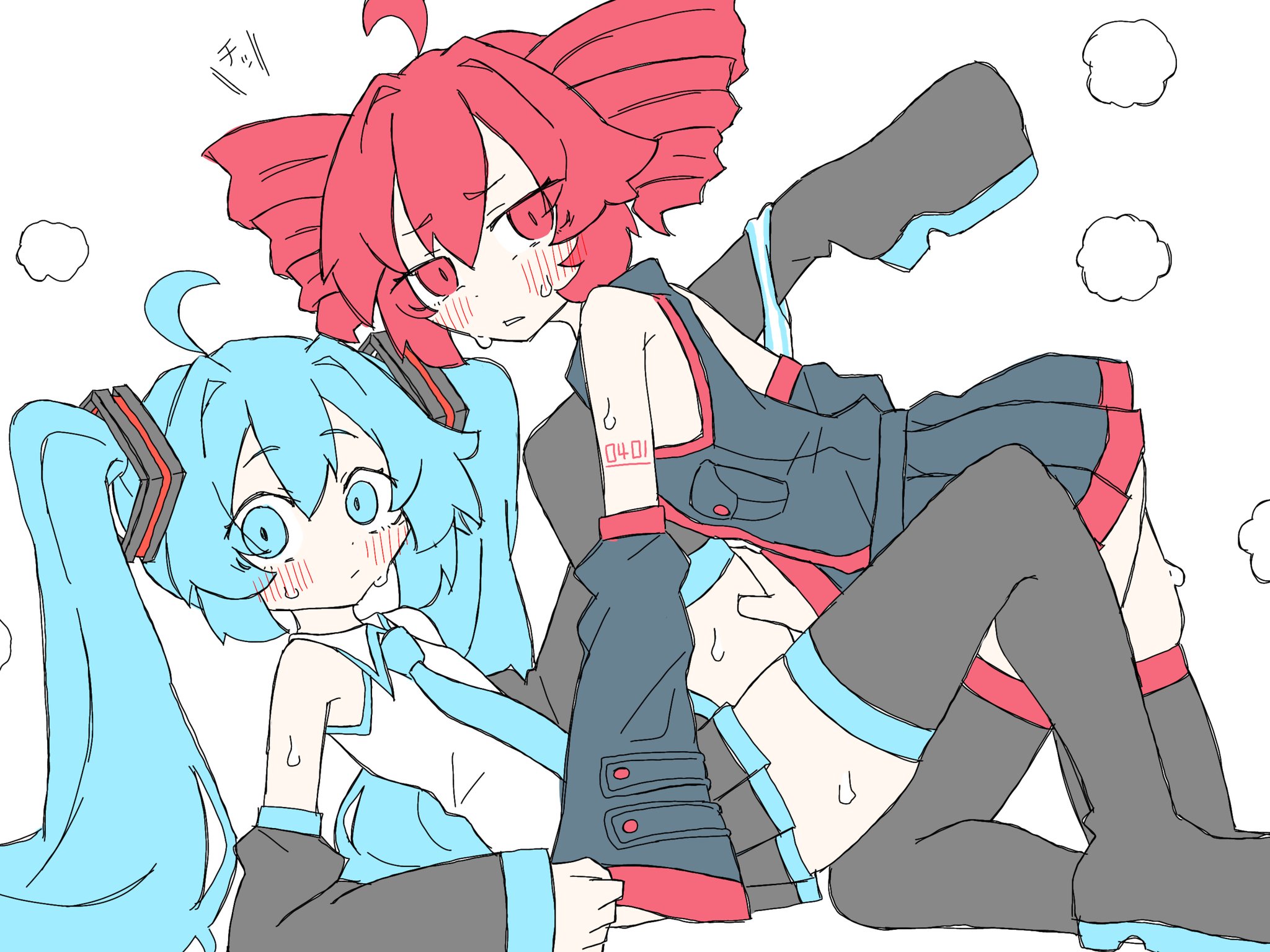 fumomono, hatsune miku, kasane teto, utau, vocaloid, commentary, highres, 2girls, ahoge, between legs, black shirt, black skirt, blue eyes, blue hair, blue necktie, blue panties, blush, closed mouth, collared shirt, detached sleeves, drill hair, hand on another's thigh, long hair, looking at viewer, multiple girls, necktie, panties, panties around one ankle, parted lips, pleated skirt, red eyes, red hair, shirt, simple background, skirt, steam, striped clothes, striped panties, sweat, twin drills, twintails, underwear, white background, white shirt, yuri