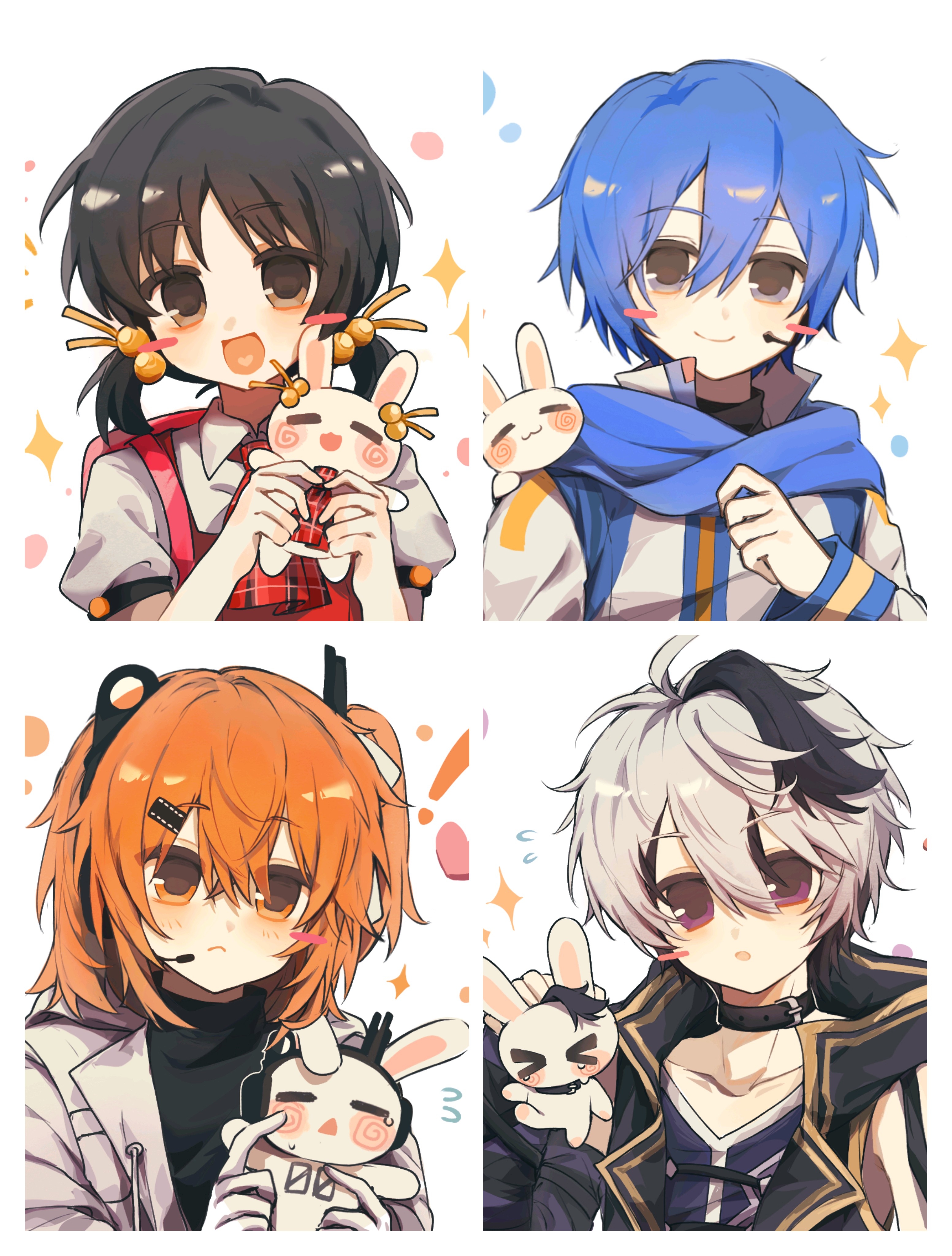 yucao yu nihongdeng yu, adachi rei, flower (vocaloid), flower (vocaloid4), kaai yuki, kaito (vocaloid), a.i. voice, vocaloid, absurdres, chinese commentary, commentary request, commission, highres, 1boy, 3girls, = =, ahoge, animal, animal on shoulder, animalization, ascot, belt collar, black collar, black eyes, black hair, black shirt, blue hair, blue scarf, blush, blush stickers, border, closed mouth, coat, collar, colored inner hair, drawstring, dress, eyes visible through hair, flying sweatdrops, frown, grey eyes, hair between eyes, hair bobbles, hair ornament, hand up, headset, heart, heart in mouth, holding, holding animal, holding rabbit, jacket, long sleeves, looking at viewer, medium hair, microphone, multicolored hair, multiple girls, one side up, open mouth, orange eyes, orange hair, person and animalization, pinafore dress, plaid ascot, plaid clothes, puffy short sleeves, puffy sleeves, purple eyes, rabbit, red ascot, scarf, shirt, short hair, short sleeves, short twintails, simple background, sleeveless, sleeveless dress, smile, sparkle, streaked hair, tearing up, turtleneck, twintails, two-tone hair, upper body, white background, white border, white coat, white hair, white jacket, white shirt