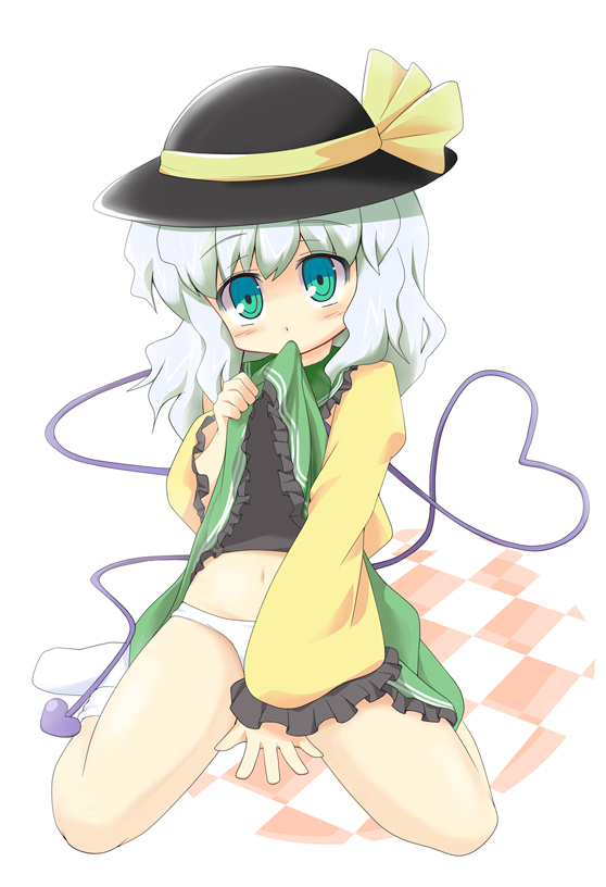honba, komeiji koishi, touhou, bad id, bad pixiv id, 1girl, blue eyes, blush, clothes lift, dress, dress lift, female focus, full body, green eyes, hat, heart, kneeling, mouth hold, navel, panties, ribbon, short hair, socks, solo, underwear, white background, white hair, white panties