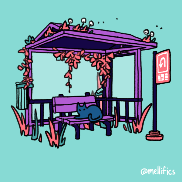 mellific, blue cat, original, alt text, commentary, english commentary, animal, aqua background, artist name, bench, bus stop, bus stop shelter, bus stop sign, cat, dandelion, dandelion clock, dandelion seed, flower, grass, ivy, limited palette, looking at viewer, lying, no humans, picrew (medium), plant, railing, scenery, sign, simple background, trash can, vines, window