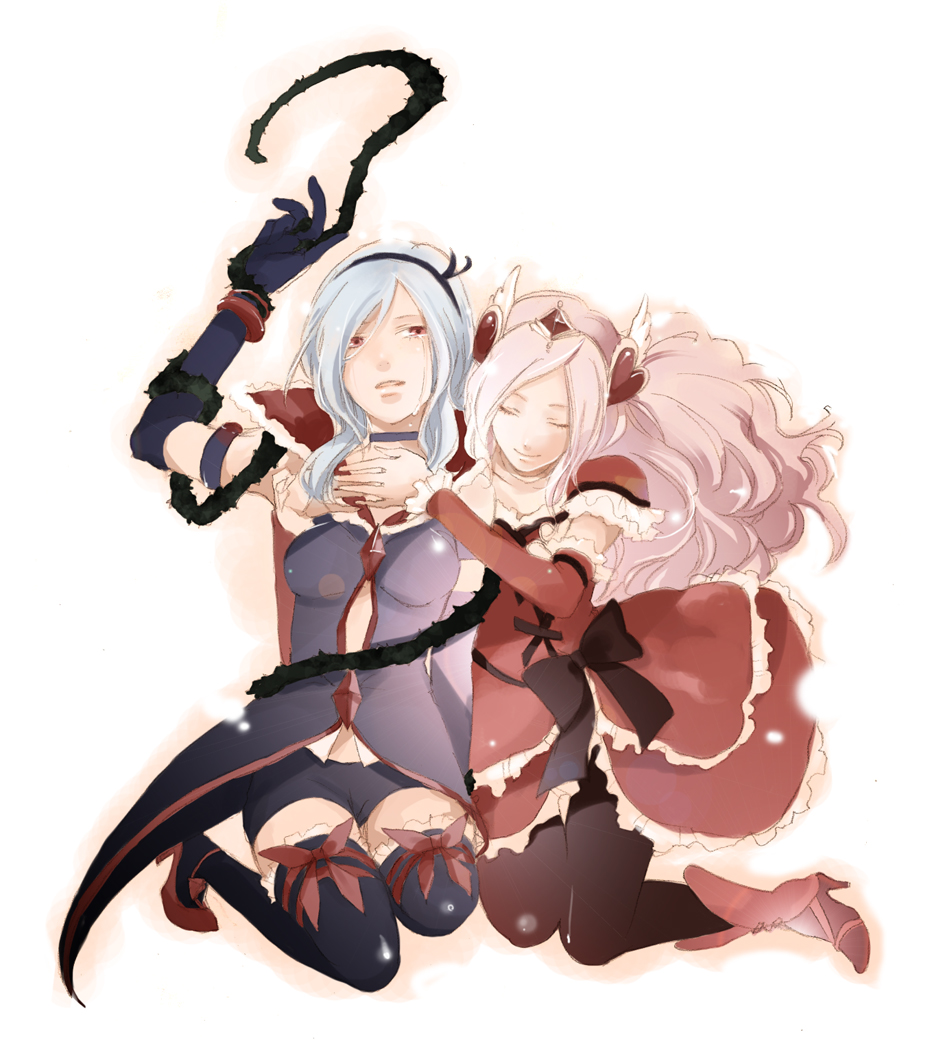 chiyo (rotsurechiriha), cure passion, eas (fresh precure!), higashi setsuna, fresh precure!, precure, black legwear, black neckwear, 00s, 2girls, bike shorts, boots, bow, choker, closed eyes, dress, dual persona, frills, gathers, hair ornament, hairpin, heart, heart hair ornament, high heels, hug, hug from behind, kneeling, light particles, long hair, magical girl, multiple girls, pantyhose, pink hair, plant, red eyes, shoes, short hair, tears, thighhighs, tiara, vines, waist bow, white choker, white hair