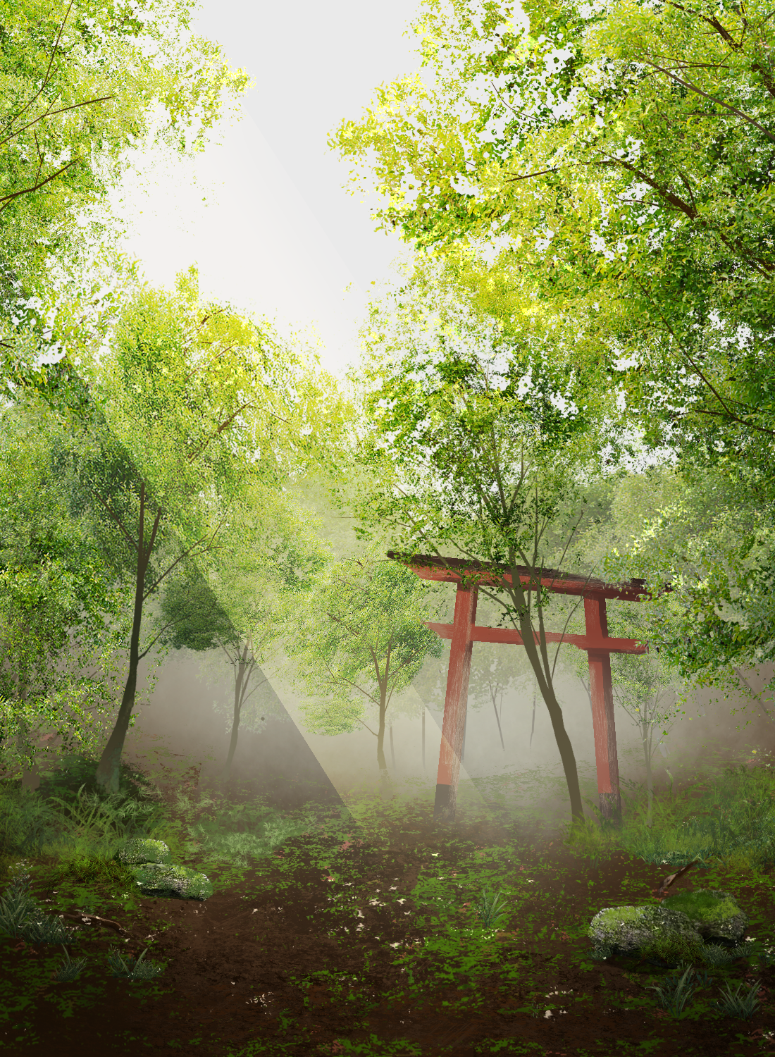 original, commentary request, highres, day, foliage, forest, grey sky, nature, no humans, nor ni, outdoors, scenery, sky, torii, tree
