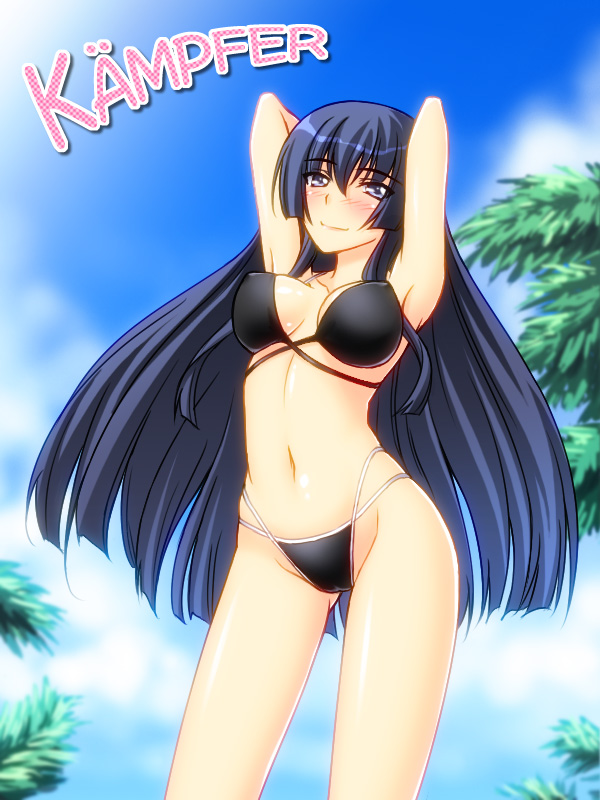 masakichi (crossroad), sangou shizuku, kampfer, 00s, 1girl, bikini, black bikini, black hair, blue eyes, blunt bangs, blush, breasts, day, female focus, hime cut, large breasts, long hair, nature, navel, outdoors, sky, smile, solo, swimsuit