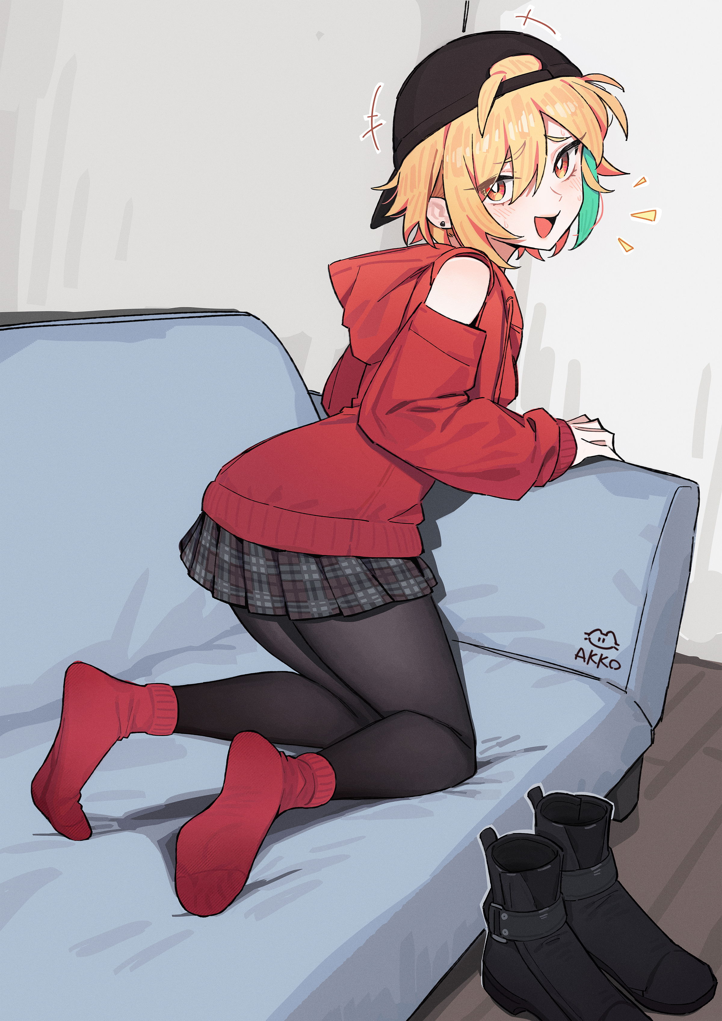 lan mao akko, original, absurdres, commentary request, highres, 1girl, ass, backwards hat, baseball cap, black boots, black hat, black pantyhose, black skirt, blonde hair, blush, boots, breasts, couch, ear piercing, eyebrows hidden by hair, from behind, full body, hair between eyes, hair over one eye, hat, hood, hoodie, kneeling, looking at viewer, looking back, notice lines, on couch, open mouth, orange eyes, pantyhose, piercing, red hoodie, red socks, reverse trap, short hair, skirt, small breasts, smile, socks, soles, solo, toes, tomboy, unworn boots